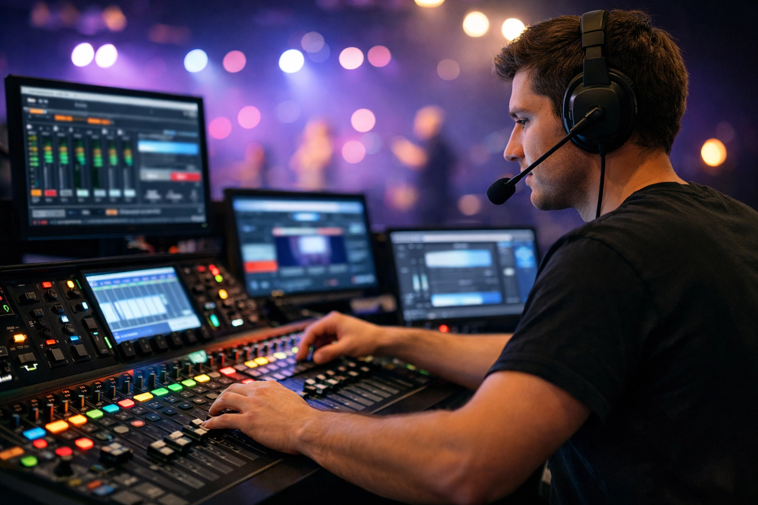 Trained volunteer confidently operating digital mixing console during live worship service