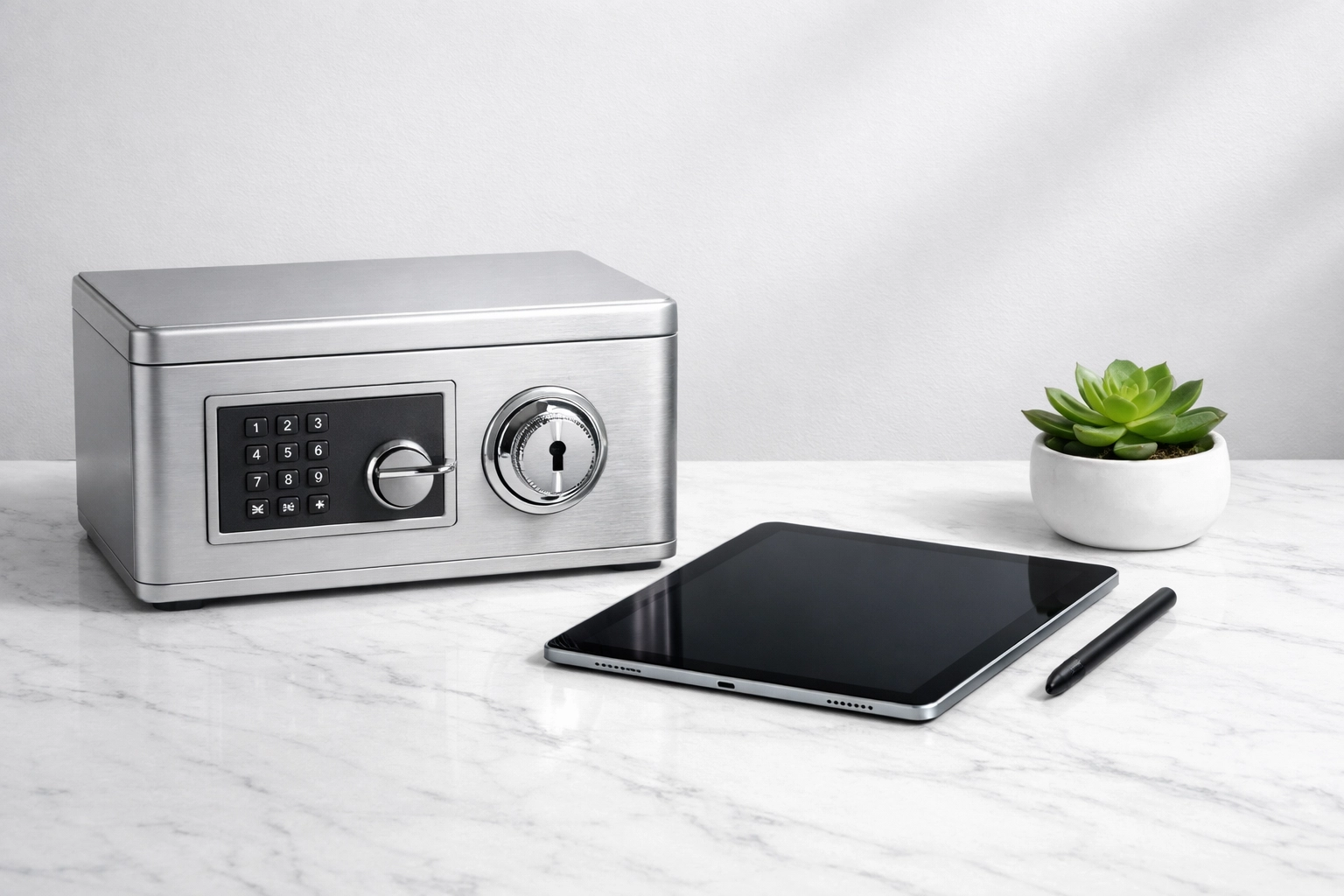 Secure lockbox and digital tablet representing safe escrow and professional title oversight.