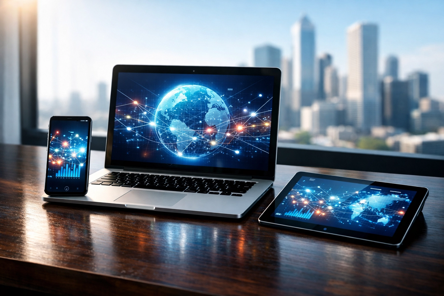 A desk with multiple devices illustrating a coordinated multi-platform sports media advertising strategy.