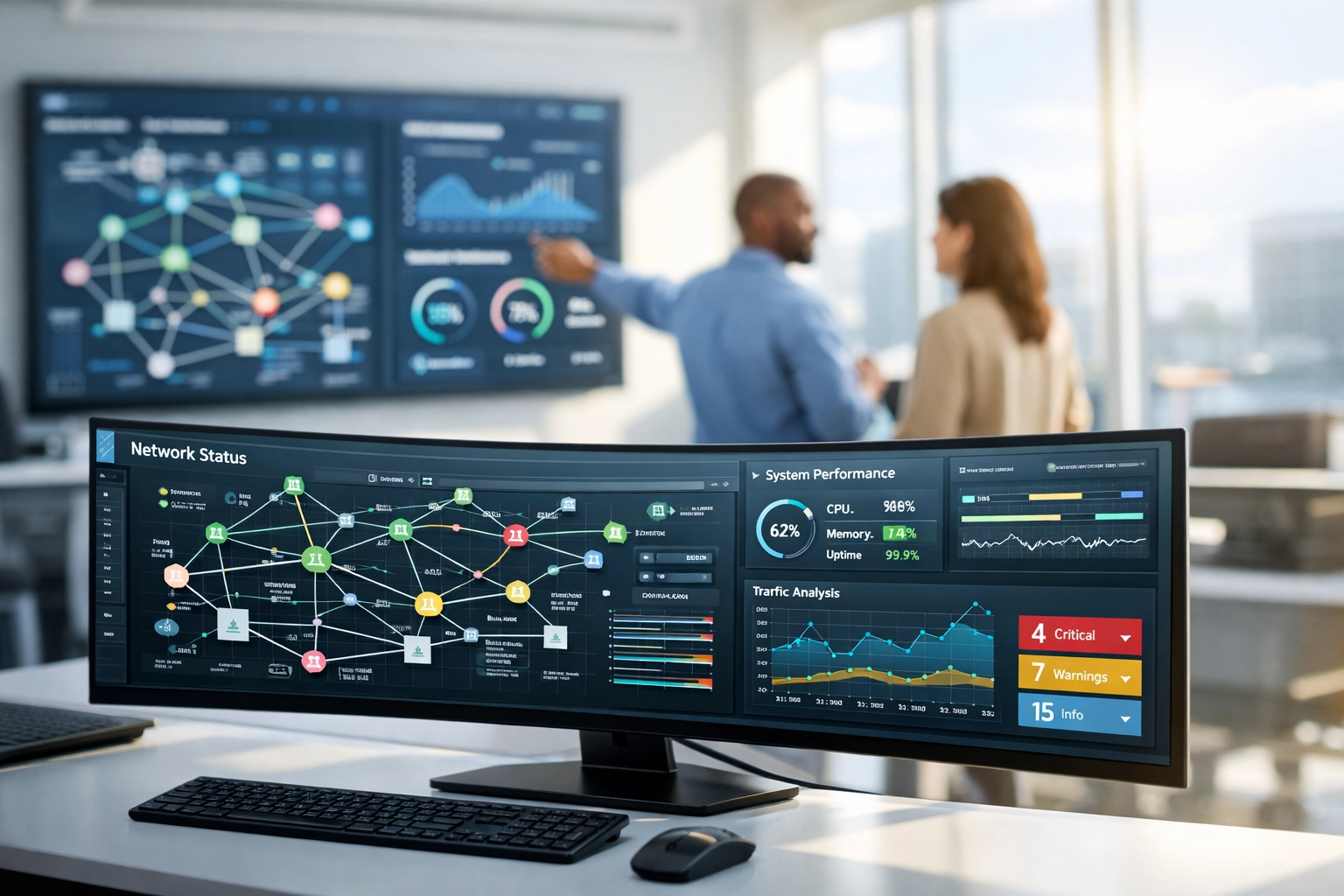 ServiceNow consulting services experts analyzing ITOM network maps and real-time operational data in an IT center.