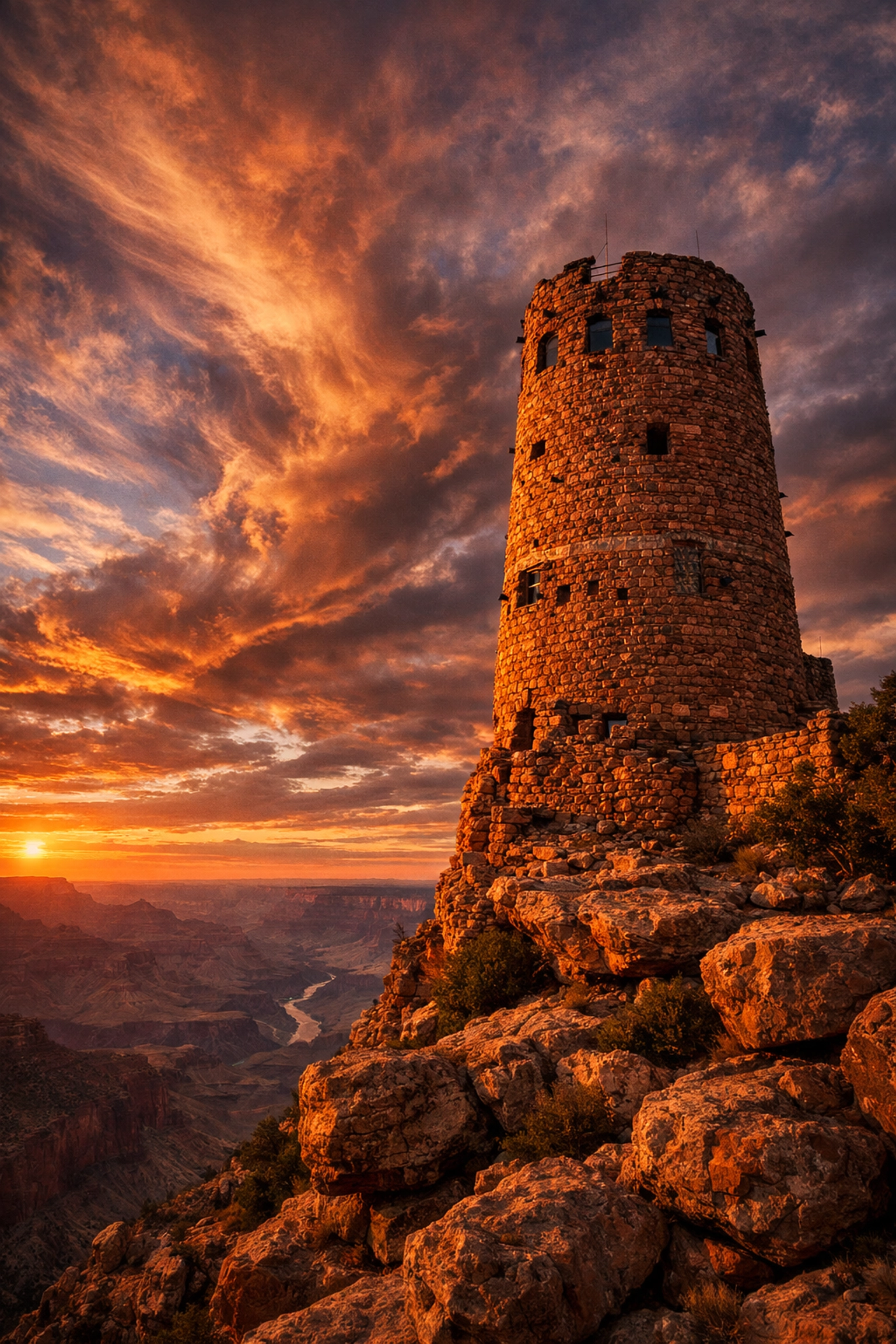 The Desert View Watchtower at sunset, connecting human history and geology on a student service learning trip.