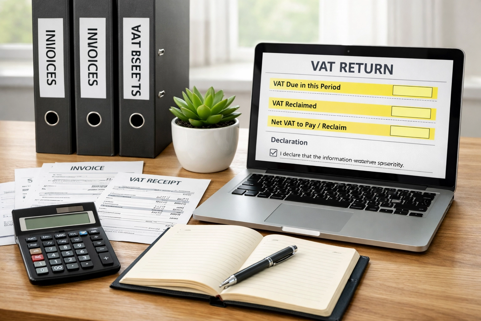 Organized bookkeeping workspace with VAT return forms and financial documentation