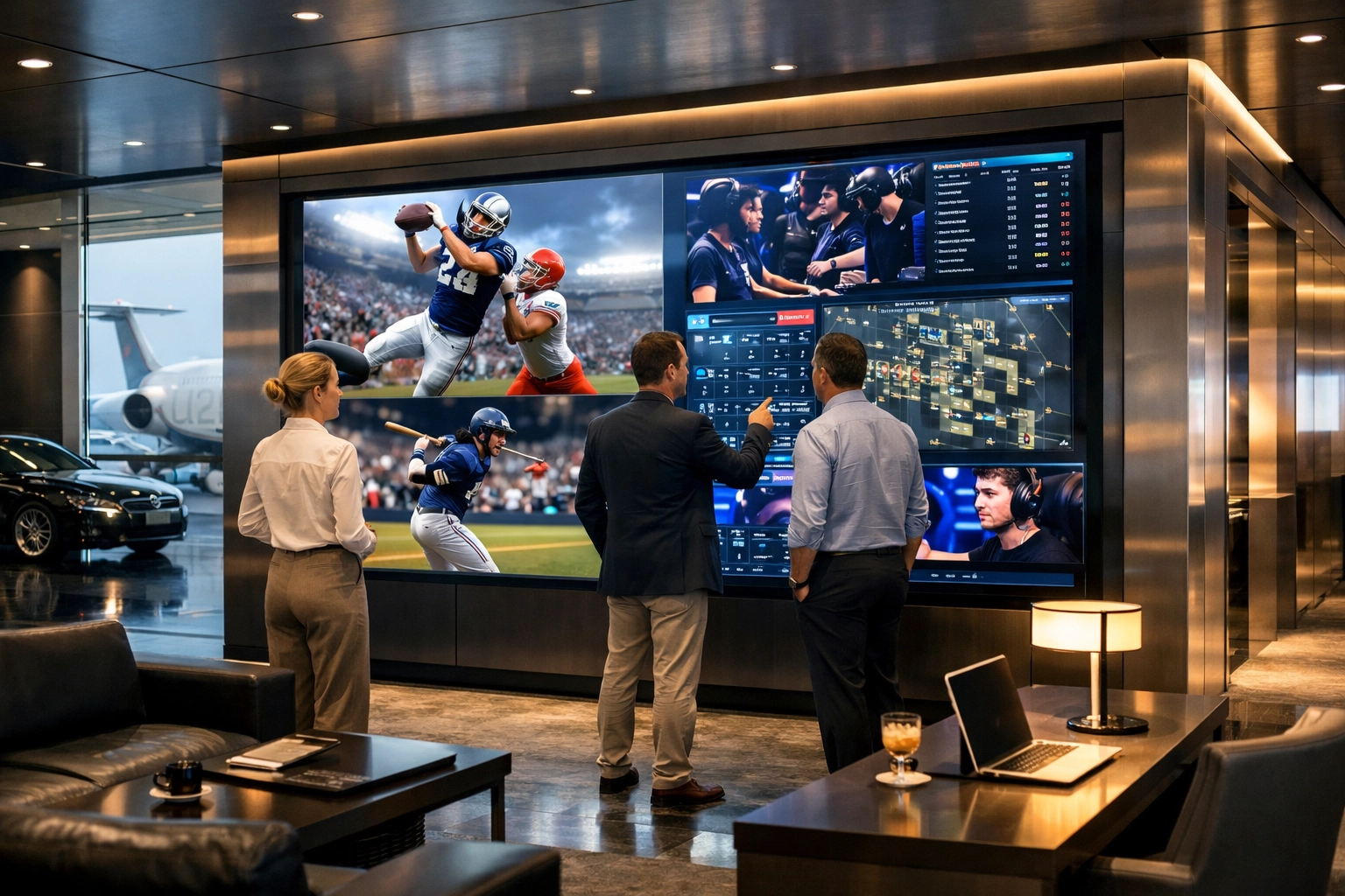 Professionals in a modern travel lounge interacting with Dakdan Worldwide's multi-industry media network.