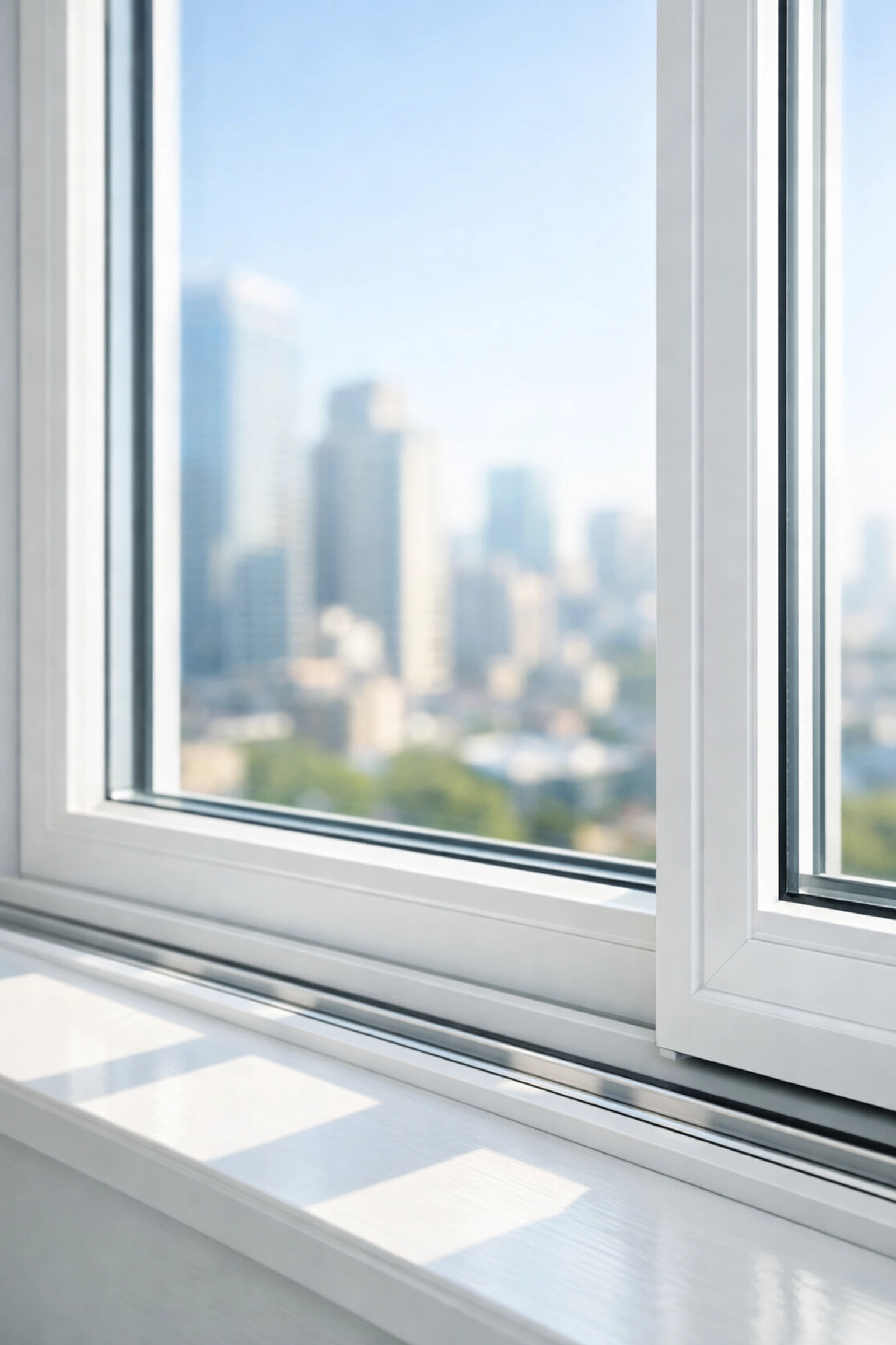 A clean window and track in a metropolitan apartment, showing detailed move-out cleaning standards.