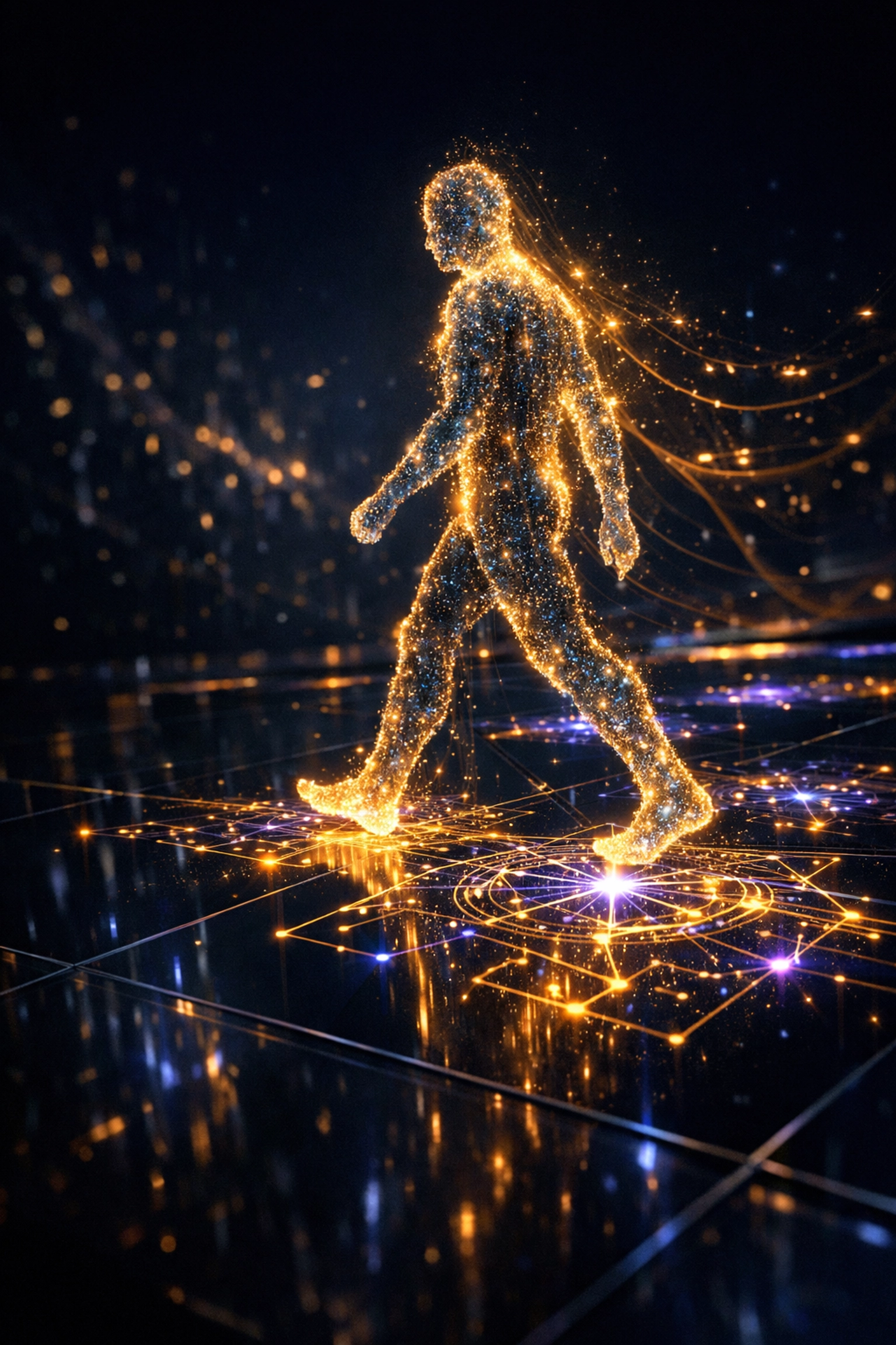 Digital glowing silhouette representing a borrower's credit history and financial profile for mortgage lenders.