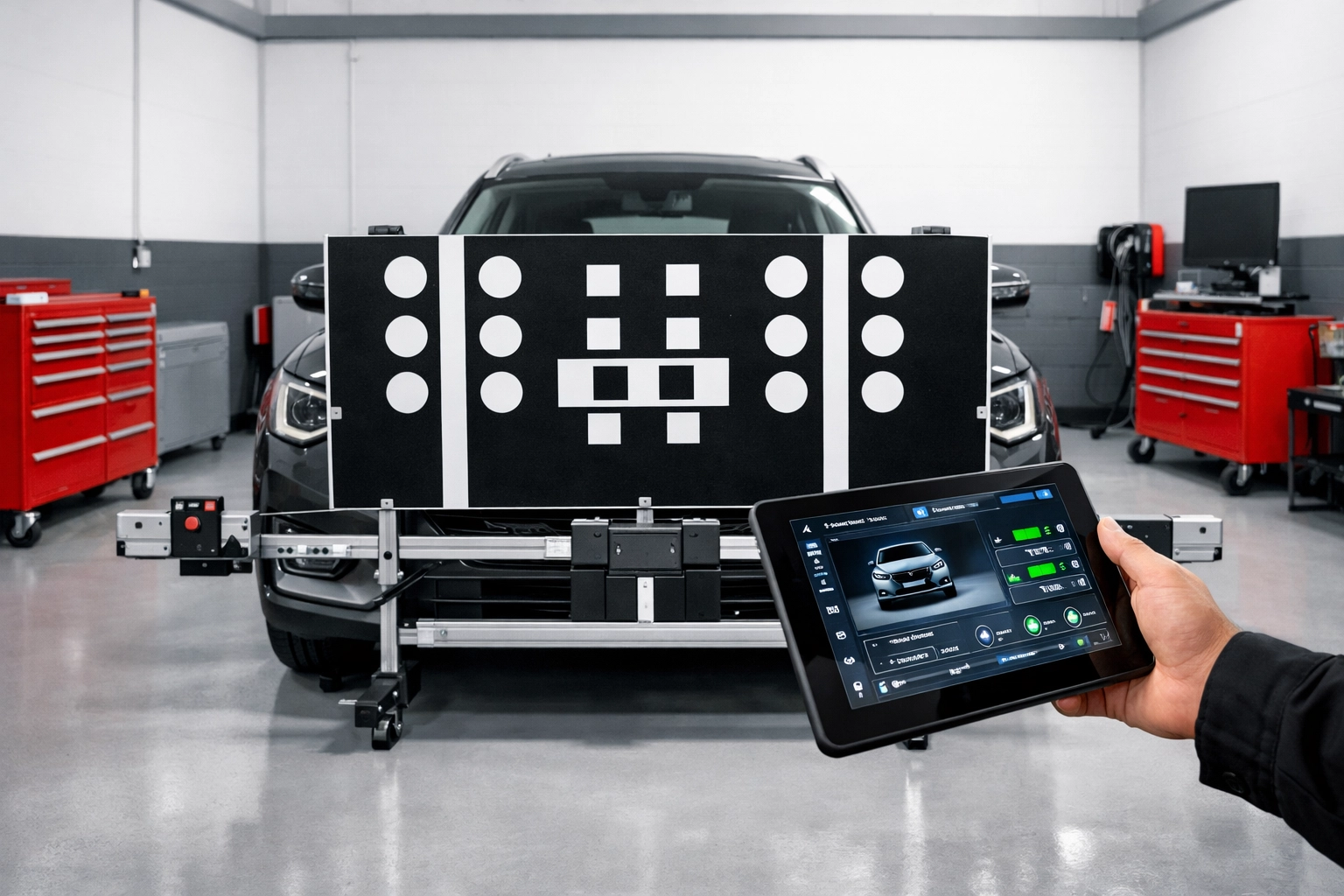 Technician performing ADAS calibration using professional diagnostic tools and target frames.