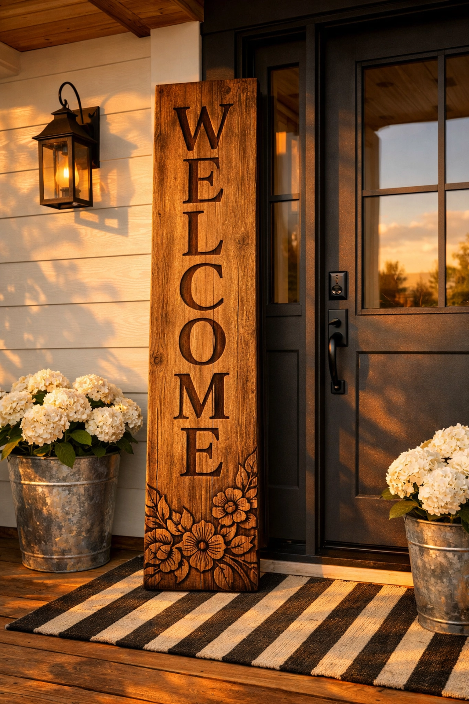 Rustic personalized wood sign with floral laser engraving leaning on a modern farmhouse front porch door.