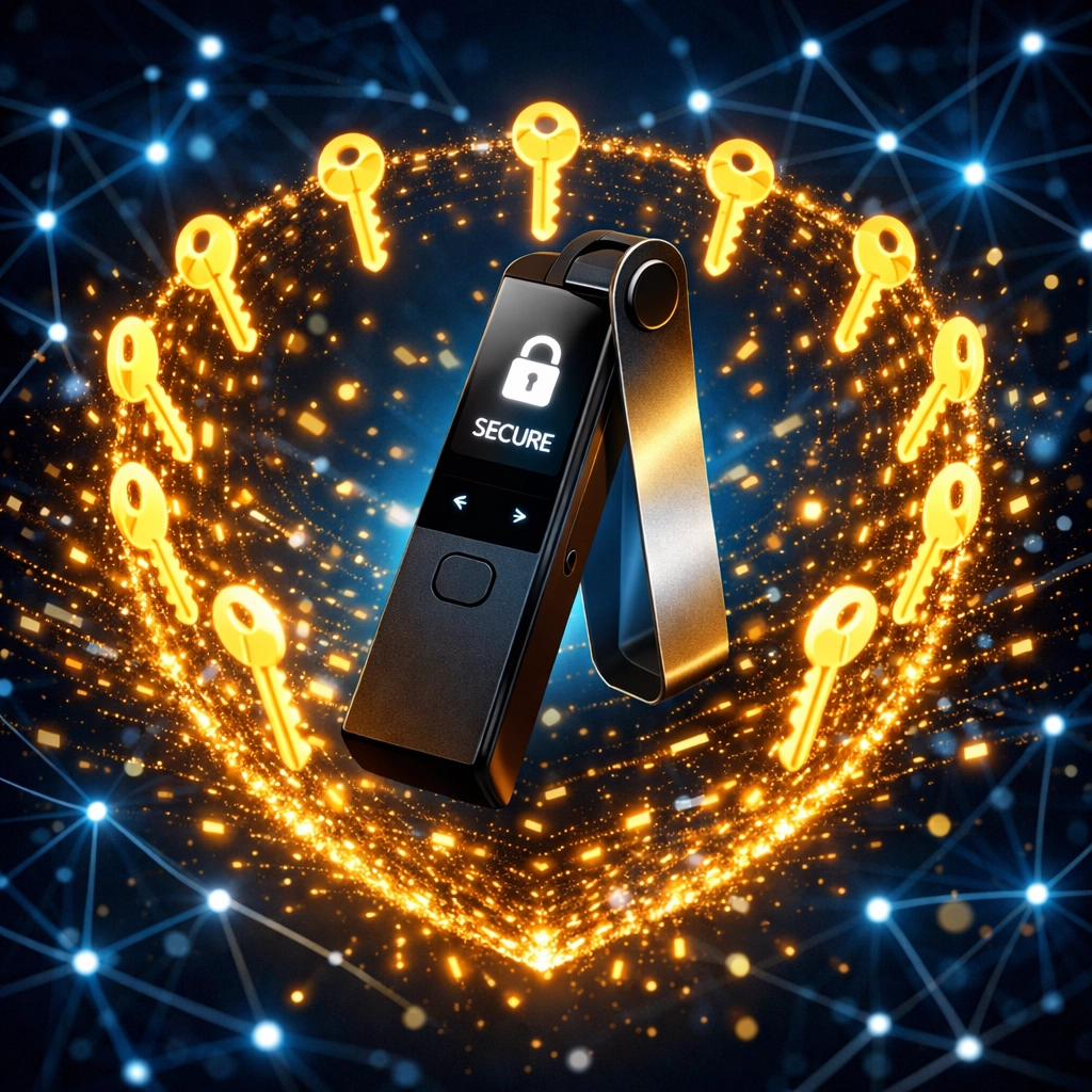 Hardware wallet with private keys showing Larecoin self-custody crypto payment security