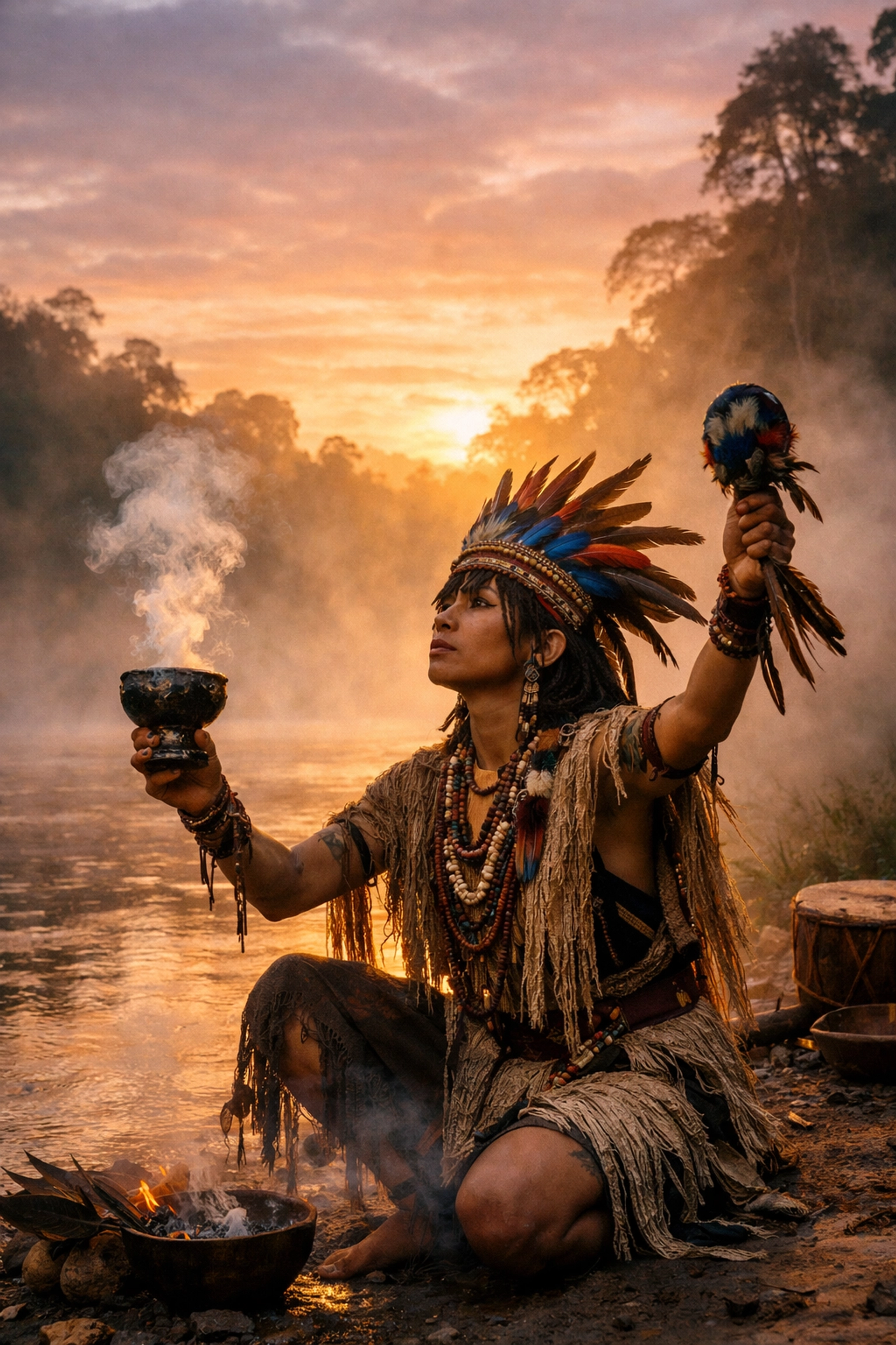 Indigenous person with androgynous features performing shamanic ritual by misty Amazon river at dawn
