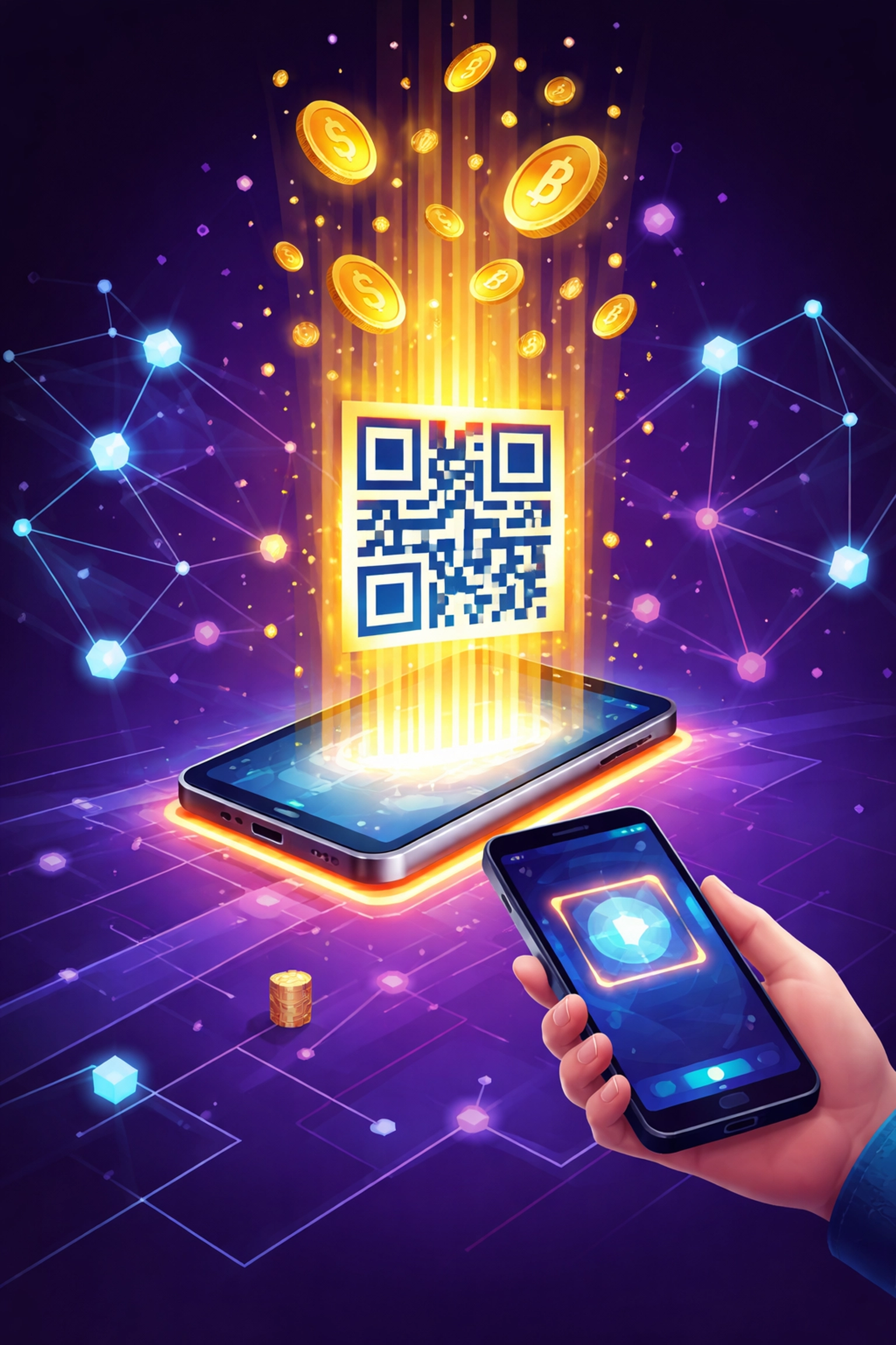 Customer scanning a glowing QR code with smartphone for digital payment, illustrating Larecoin’s seamless crypto POS system for small business.
