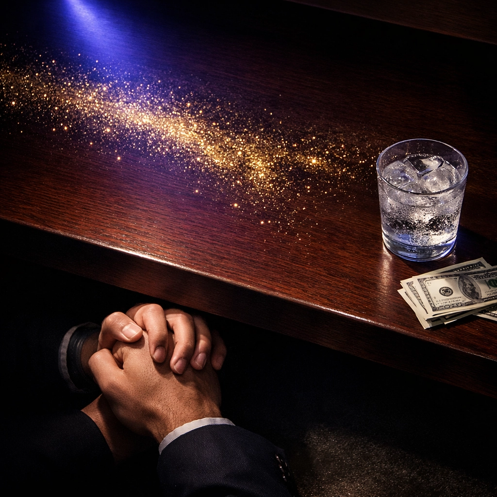 Secretive hand holding under a bar counter with gold glitter and money, exploring themes in popular MM romance books.