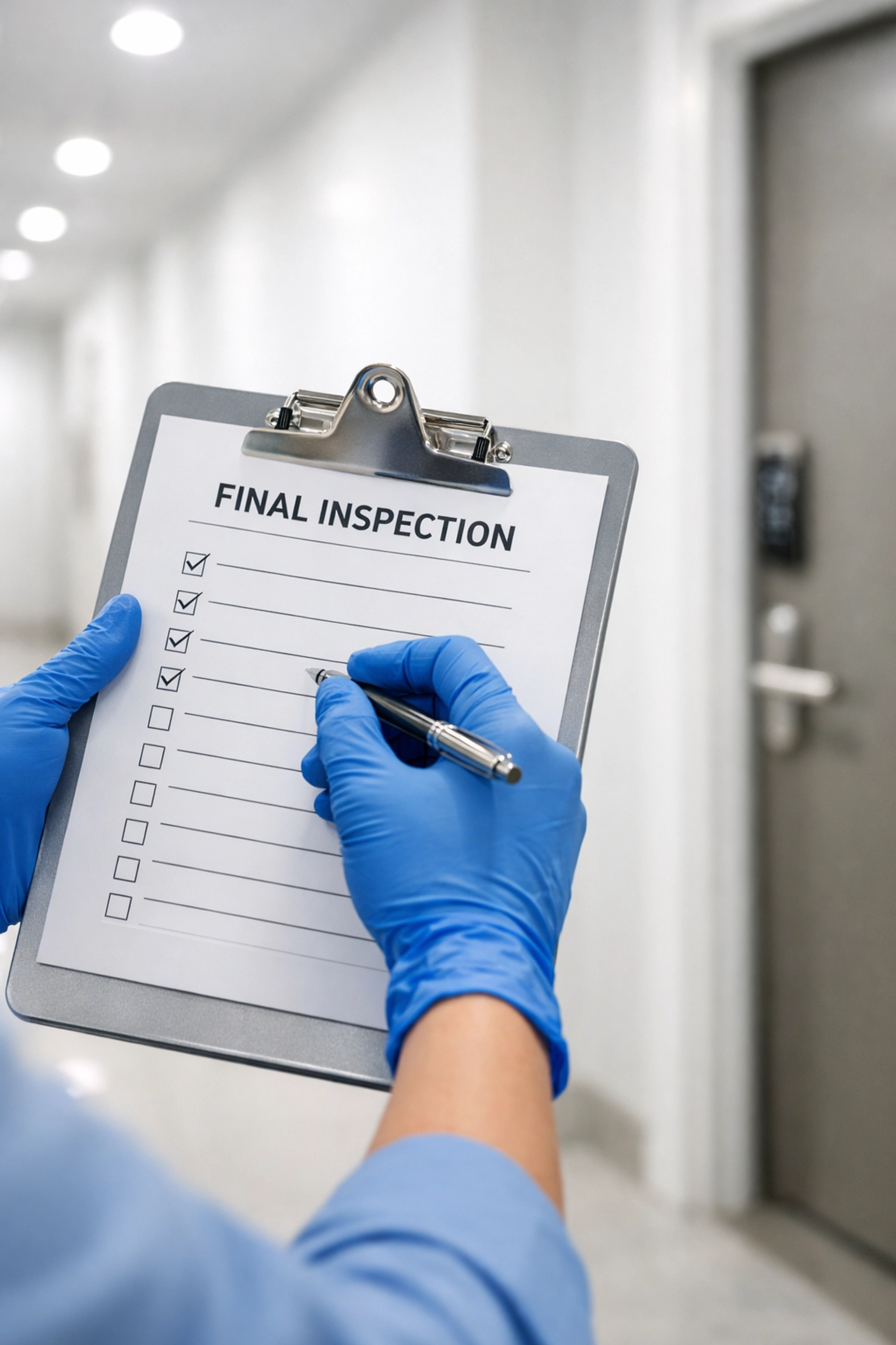 Professional property manager performing a final cleaning inspection with a checklist in a clean hallway.