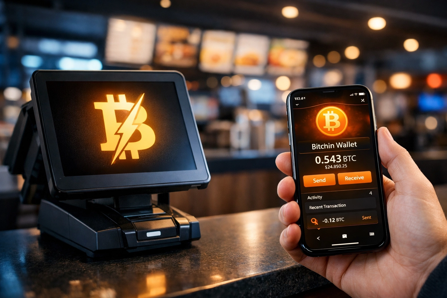 The Bitcoin Circular Economy: What Steak 'n Shake's BTC Payments Mean for Everyday People 1 Customer paying for food with Bitcoin at restaurant counter using smartphone wallet app