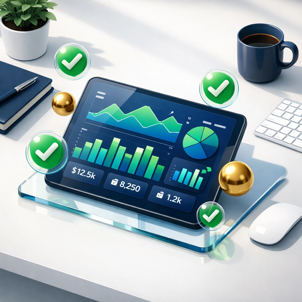 Digital financial dashboard on a tablet representing the self-service Zoho Books client portal.
