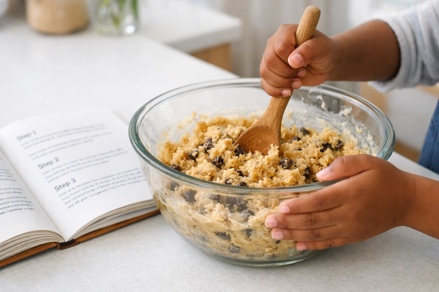 Kind volgt recept stap voor stap tijdens het bakken van koekjes