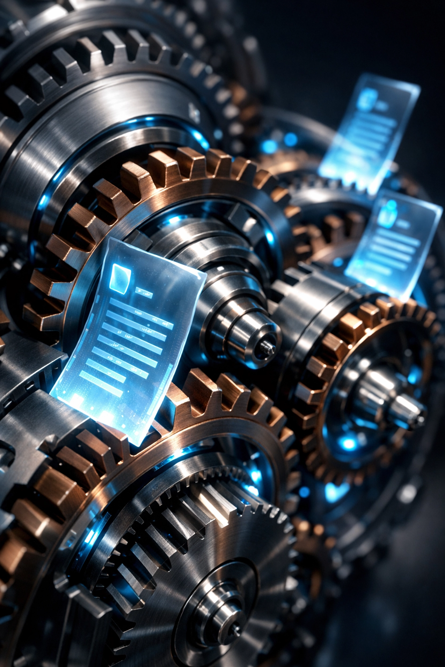 An intricate clockwork mechanism processing digital documents to automate business compliance.