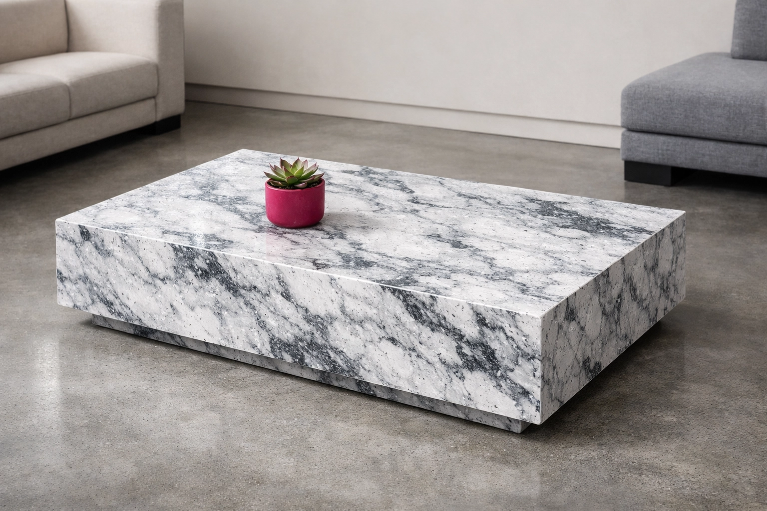 Durable 100% recycled plastic coffee table with a marbled design for sustainable event furniture hire.