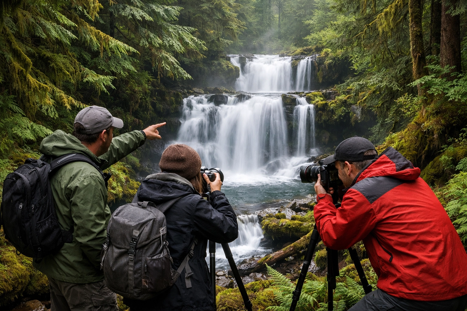 A photography tour capturing a lush waterfall at Olympic National Park, one of the best photography locations.