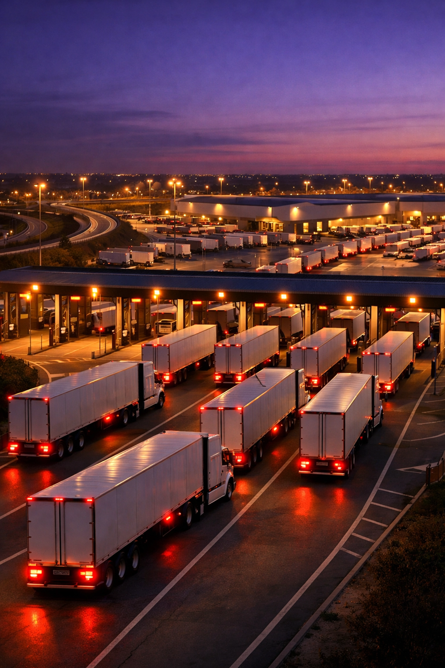 Fleet of trucks at a distribution center showcasing scalable supply chain management companies' infrastructure.