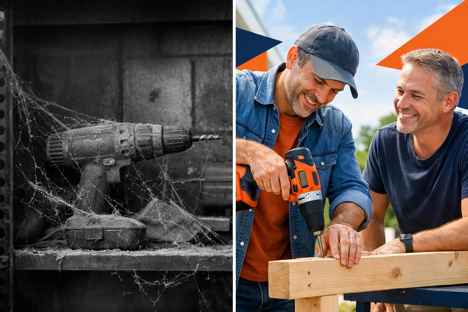 Before and after comparison of dusty unused power drill versus drill being shared with neighbors