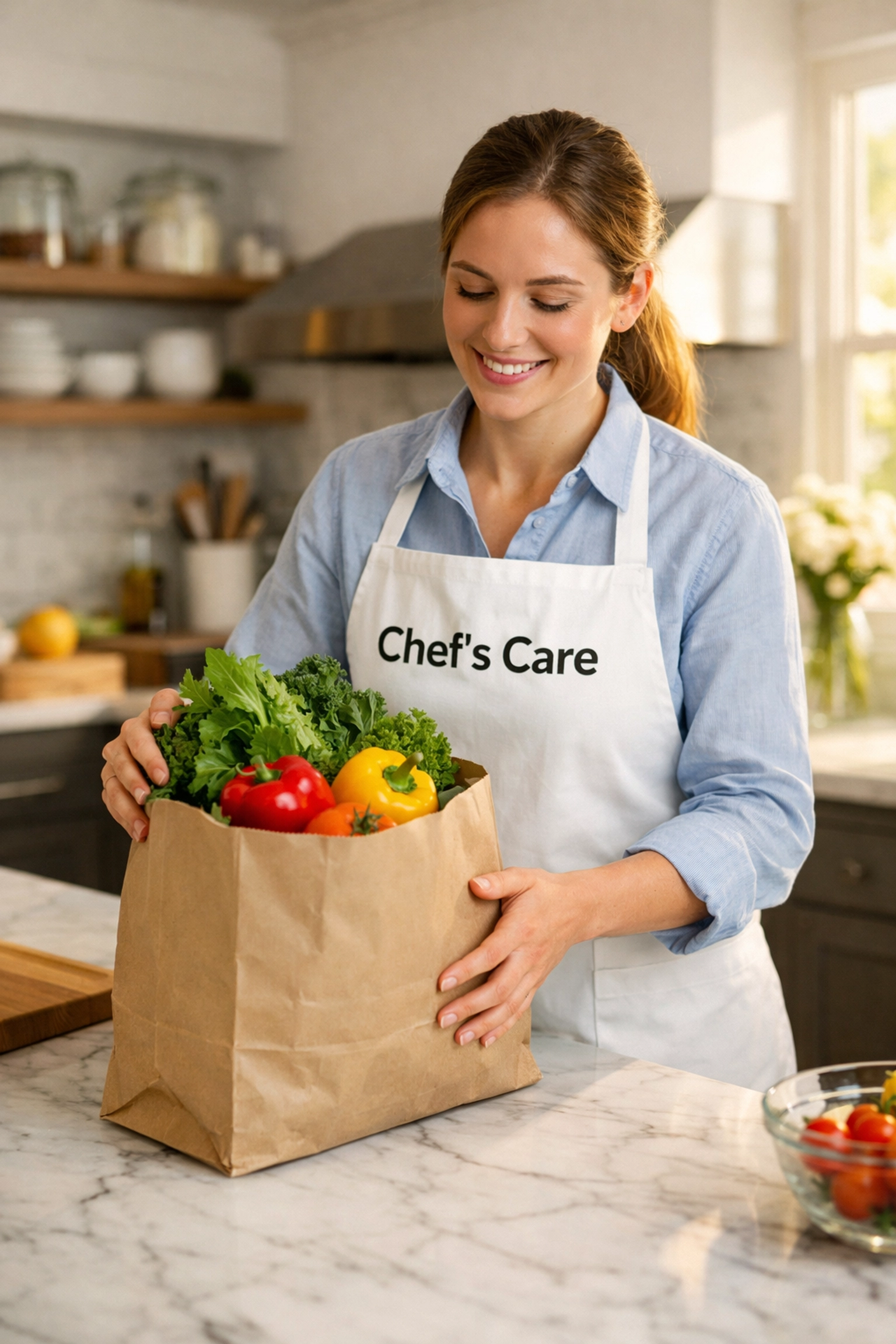 Chef's Care Culinary Associate delivering fresh groceries for post-hospital nutrition in a Northbrook home.