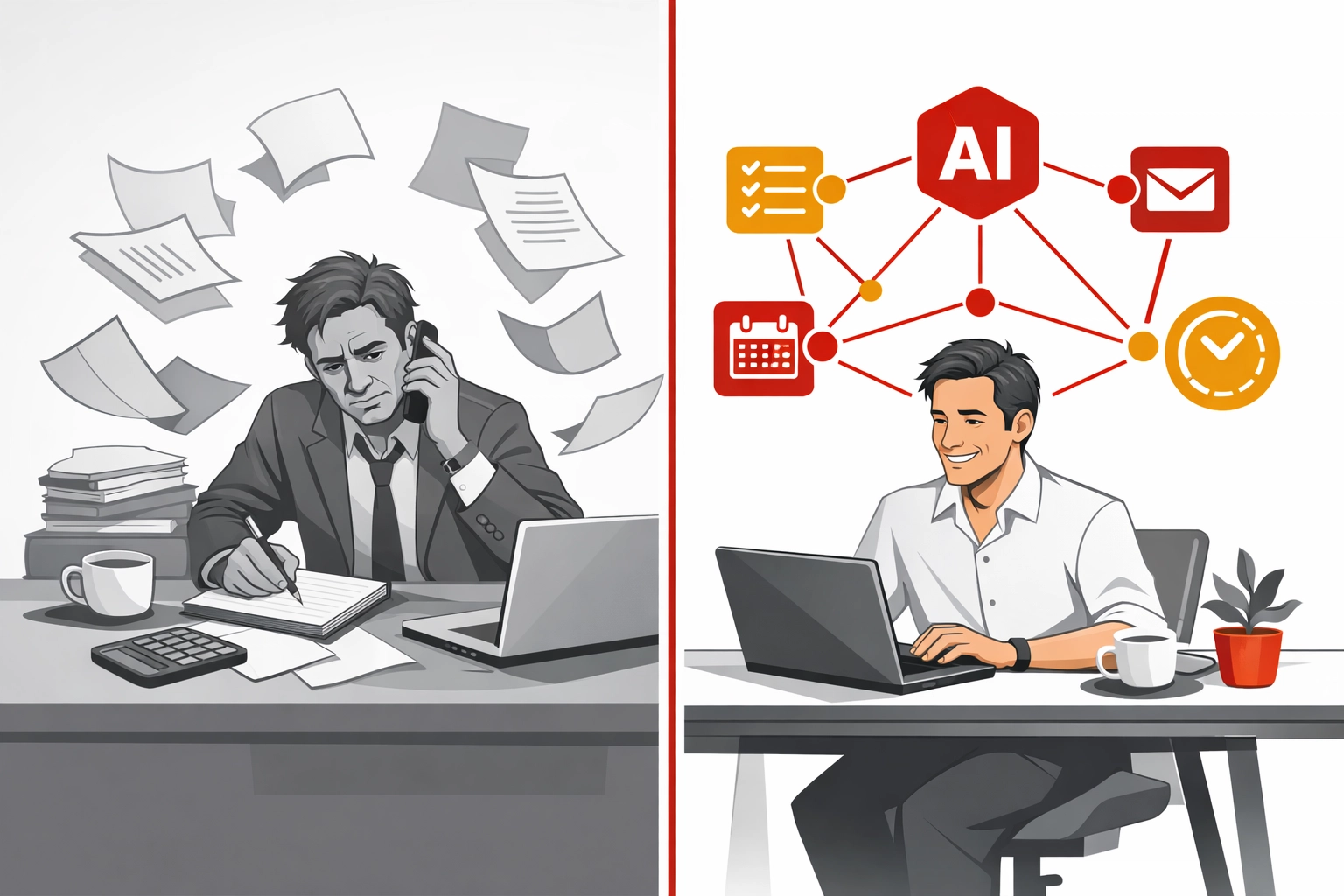 Comparison of manual business workflow versus AI-automated workflow coordination and efficiency