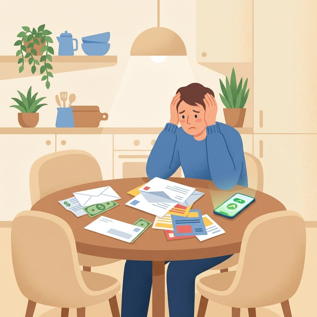 Stressed person surrounded by scattered mail at a kitchen table, illustrating business address privacy concerns.