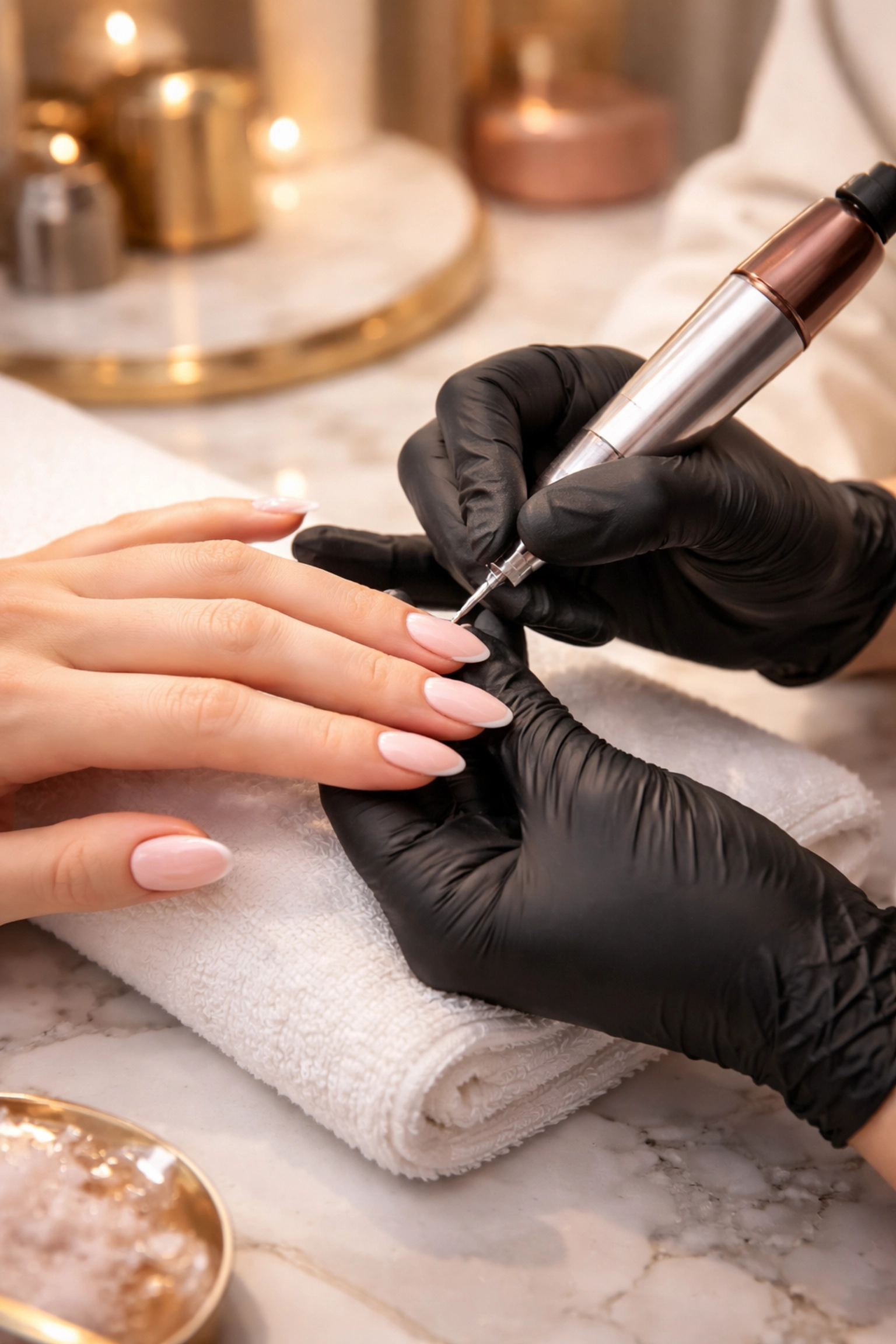 Nail technician performing precise Russian manicure in a luxurious Westwood nail salon