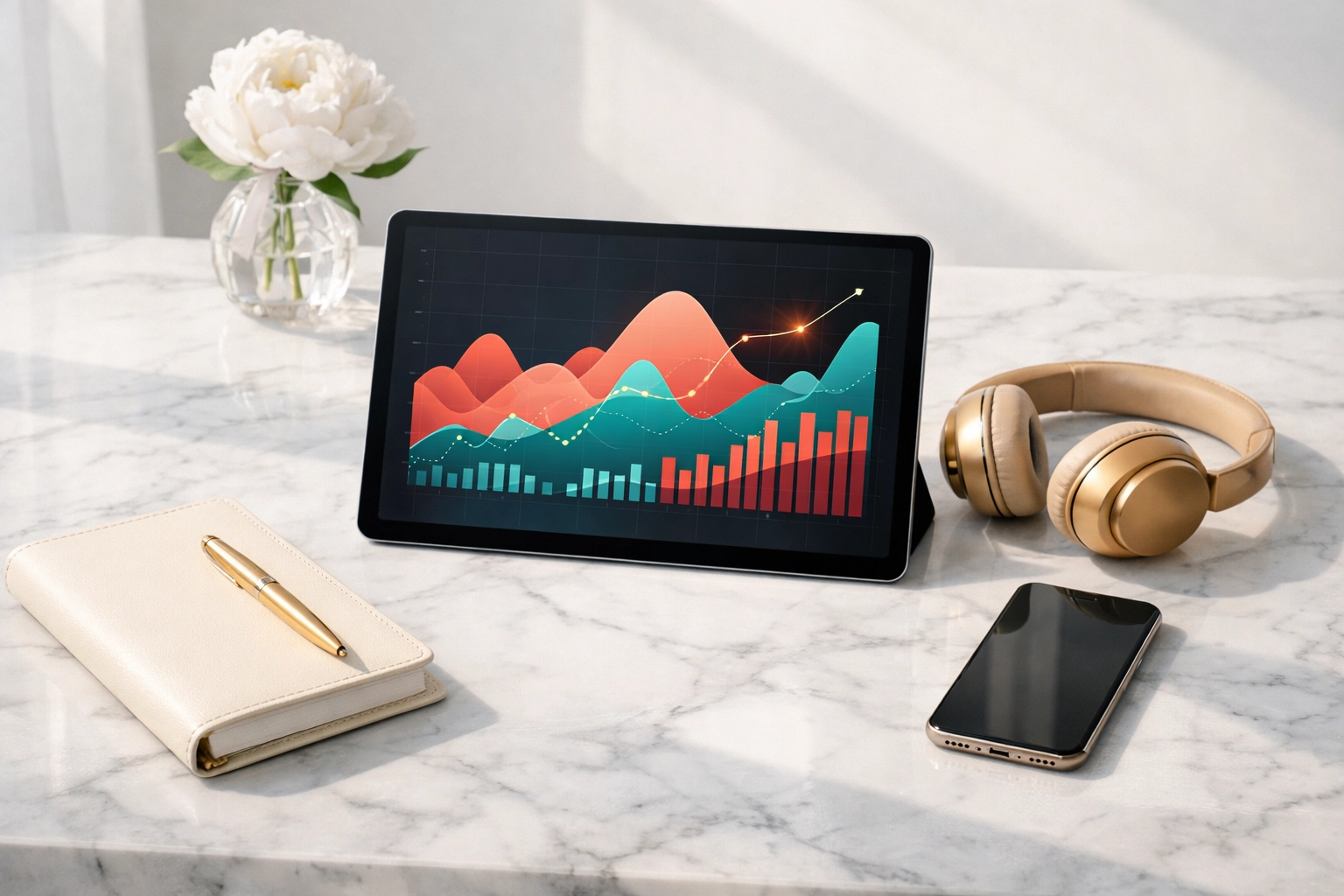 Digital tablet showing growth analytics for TikTok Shop reviews and Amazon storefront influencer marketing.