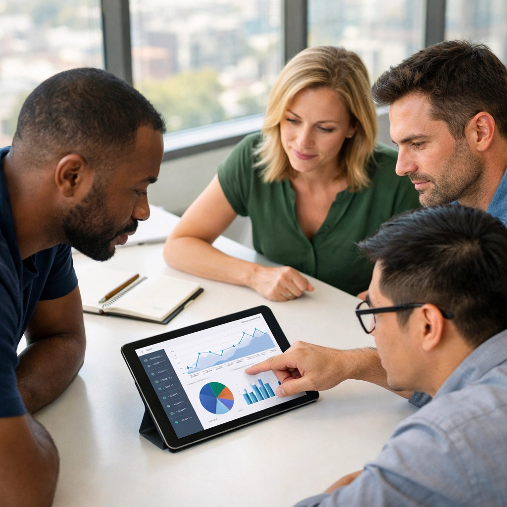 ServiceNow implementation partner team collaborating on ITOM and ESG data strategies in a modern office.