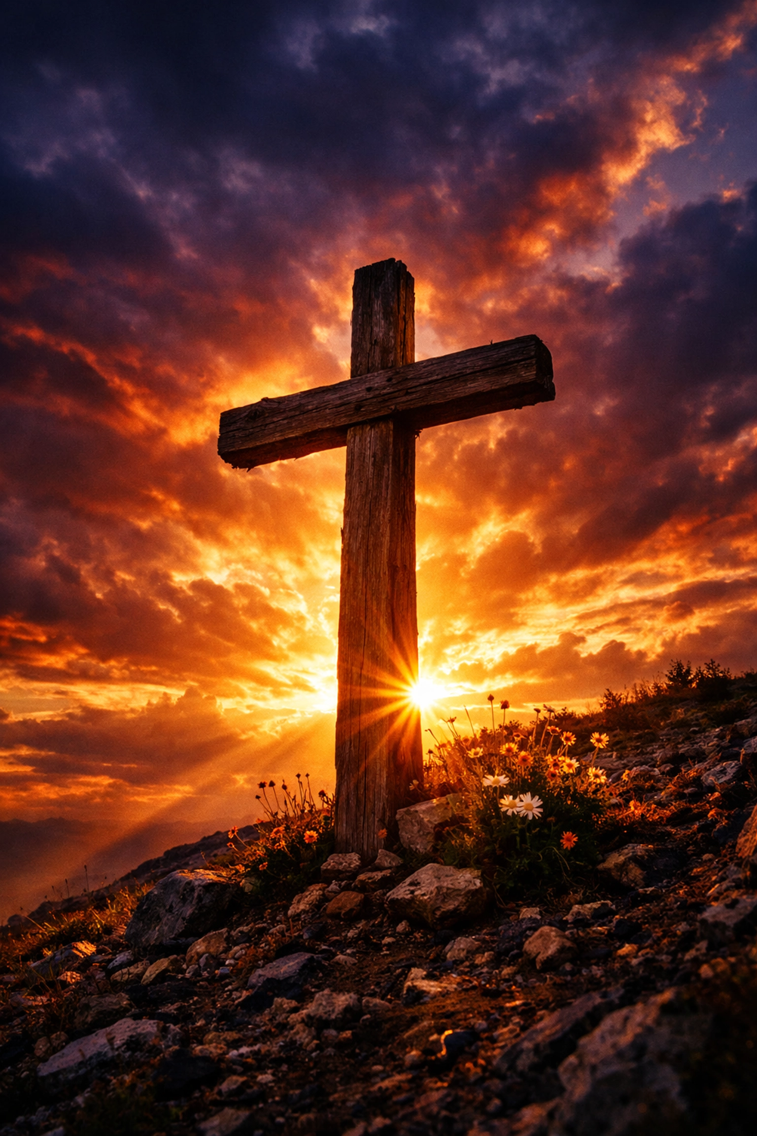 Wooden cross on hillside at sunrise symbolizing hope and redemption through Jesus