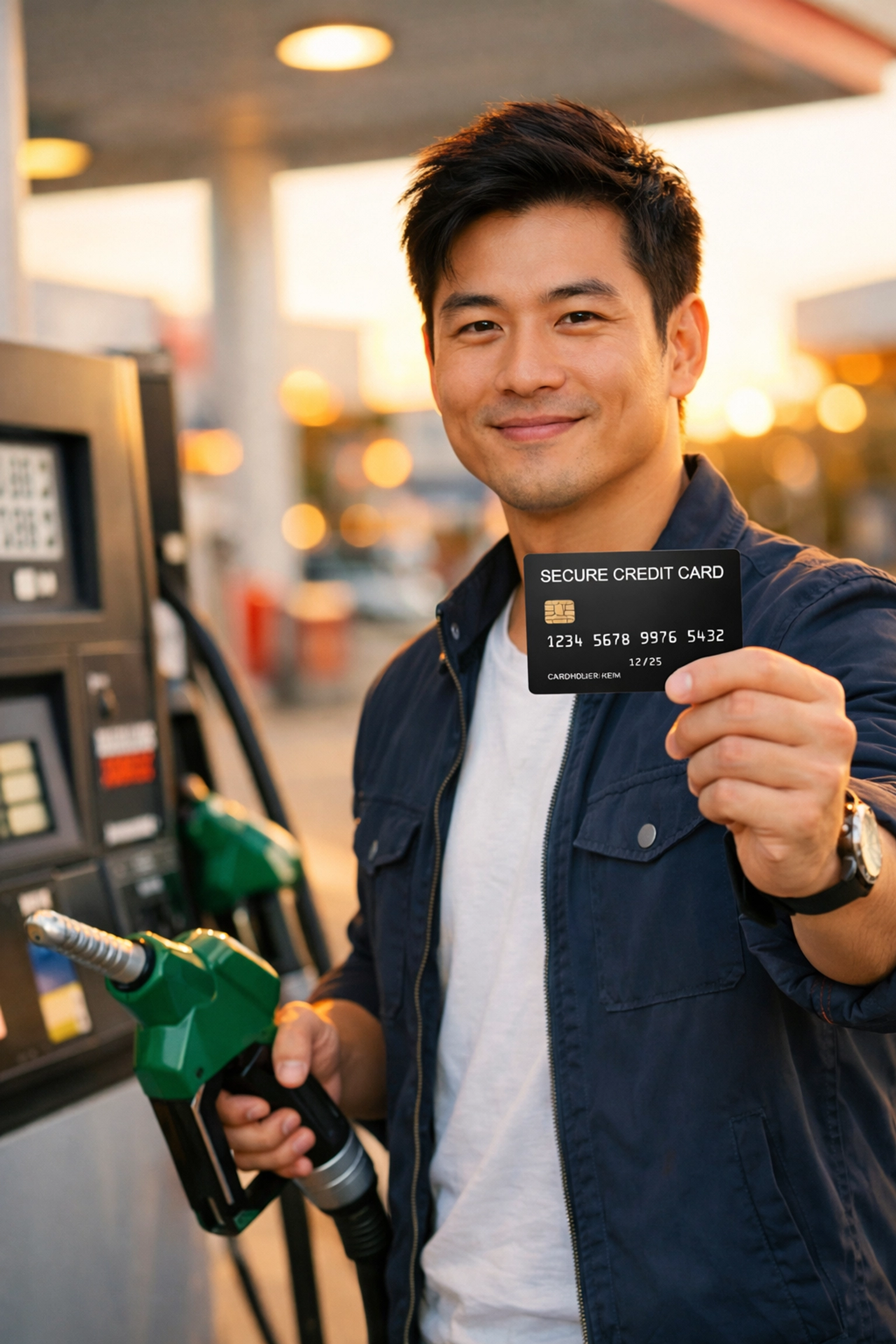 Man using secured credit card for gas purchase to build credit responsibly
