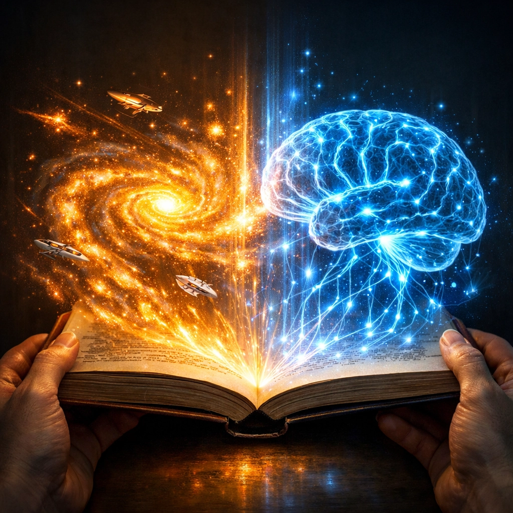 Holographic projections of a galaxy and AI neural network rising from a book for sci-fi recommendations.