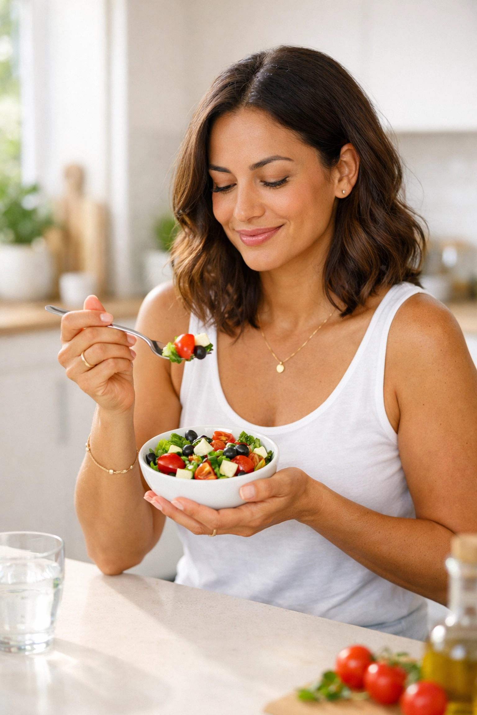 Woman enjoying a healthy meal as part of a Tirzepatide weight loss journey in California.