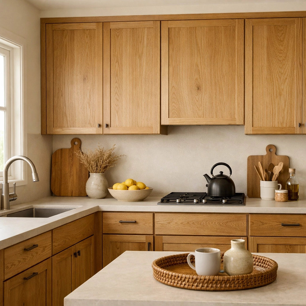 Natural oak kitchen cabinetry with warm wood grain in Derby bespoke kitchen