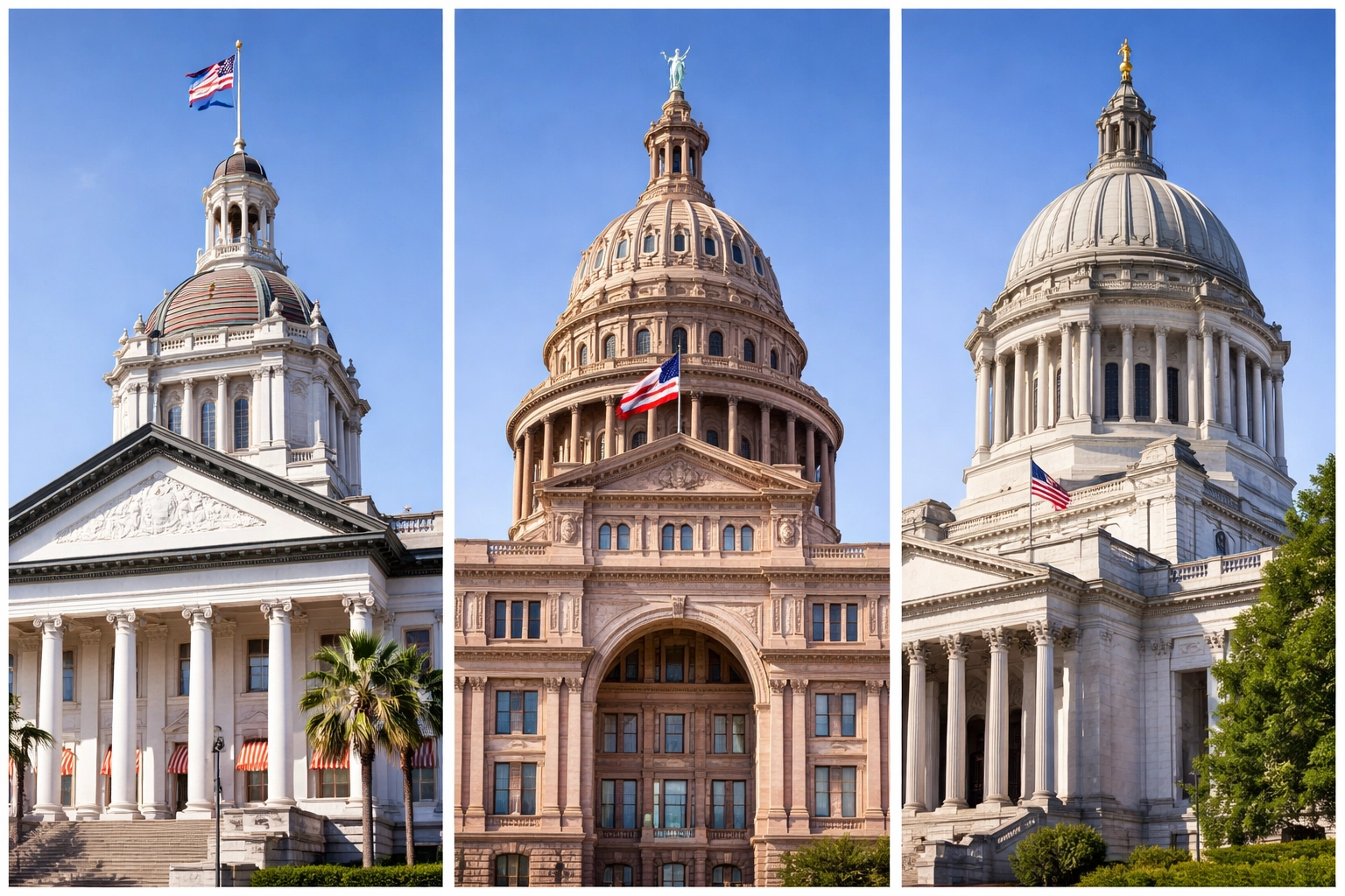 State capitol buildings representing compliance regulations for restaurants in Florida, Texas, and Washington