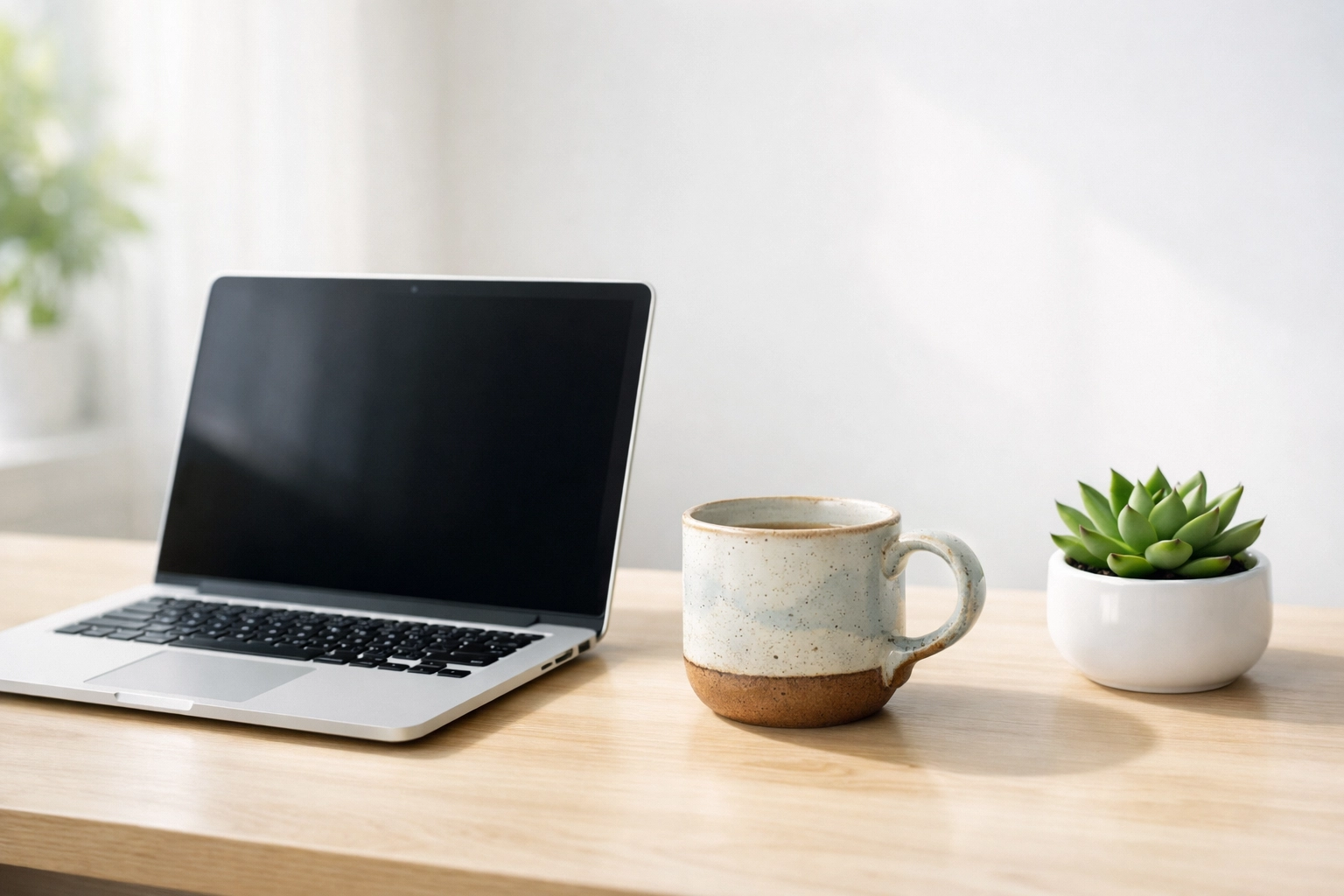 Modern home office with a laptop and mug, representing a comfortable space for virtual counseling sessions.