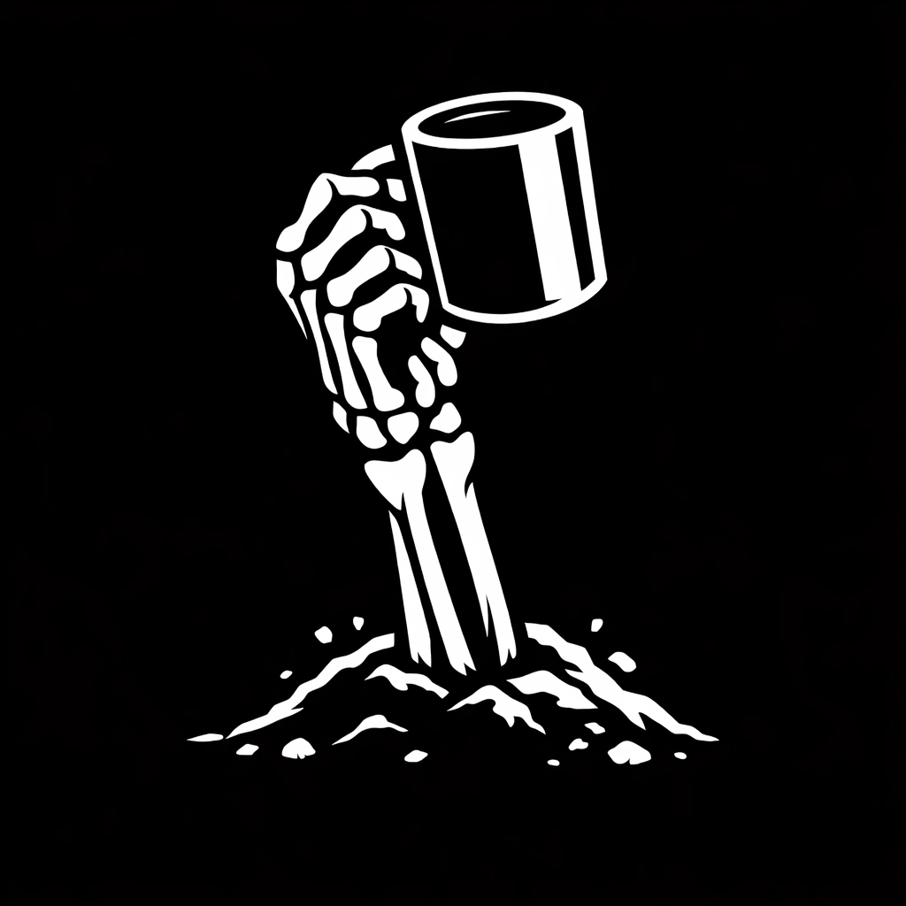Skeleton hand holding a ceramic mug as a final offensive funeral gift from beyond.