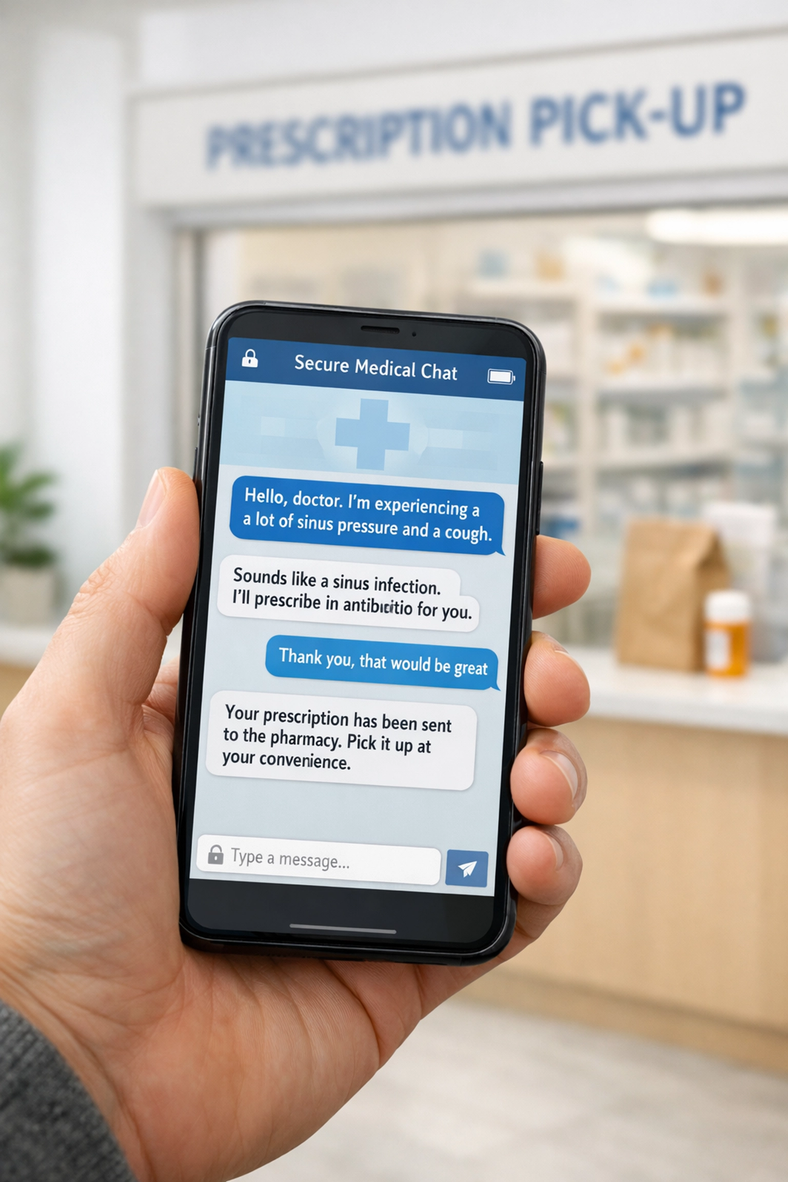 Text-based doctor consultation for sinus infection antibiotics online via a secure smartphone messaging app.