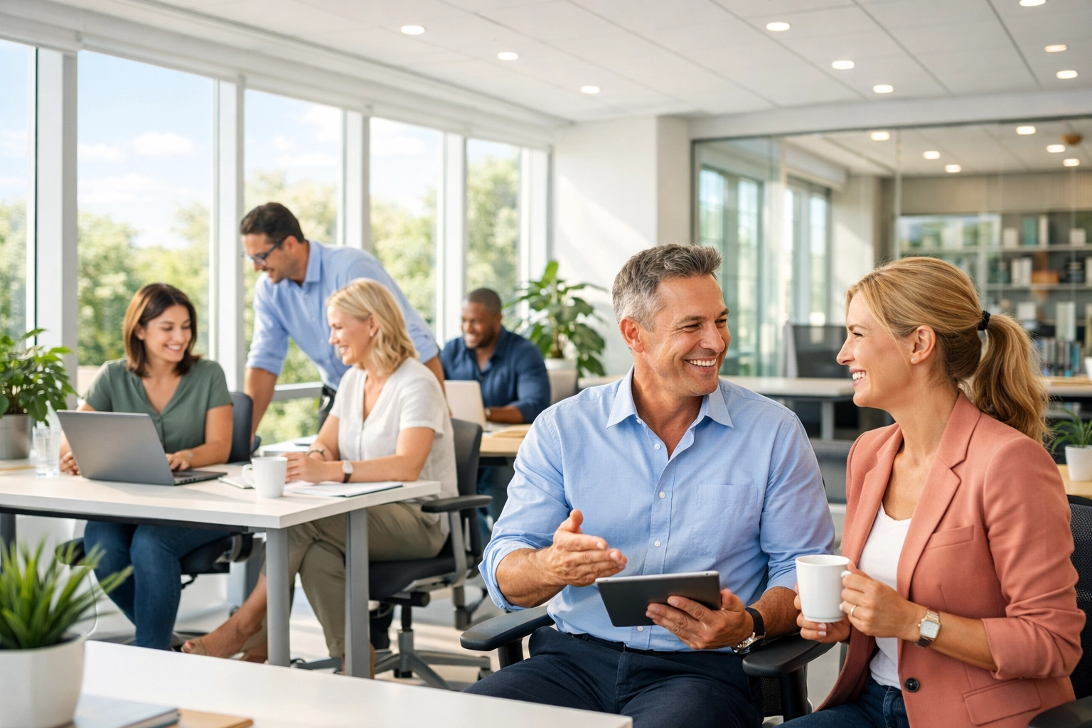 Happy employees working in a sunlit, healthy office space maintained by professional cleaners in Simcoe County.