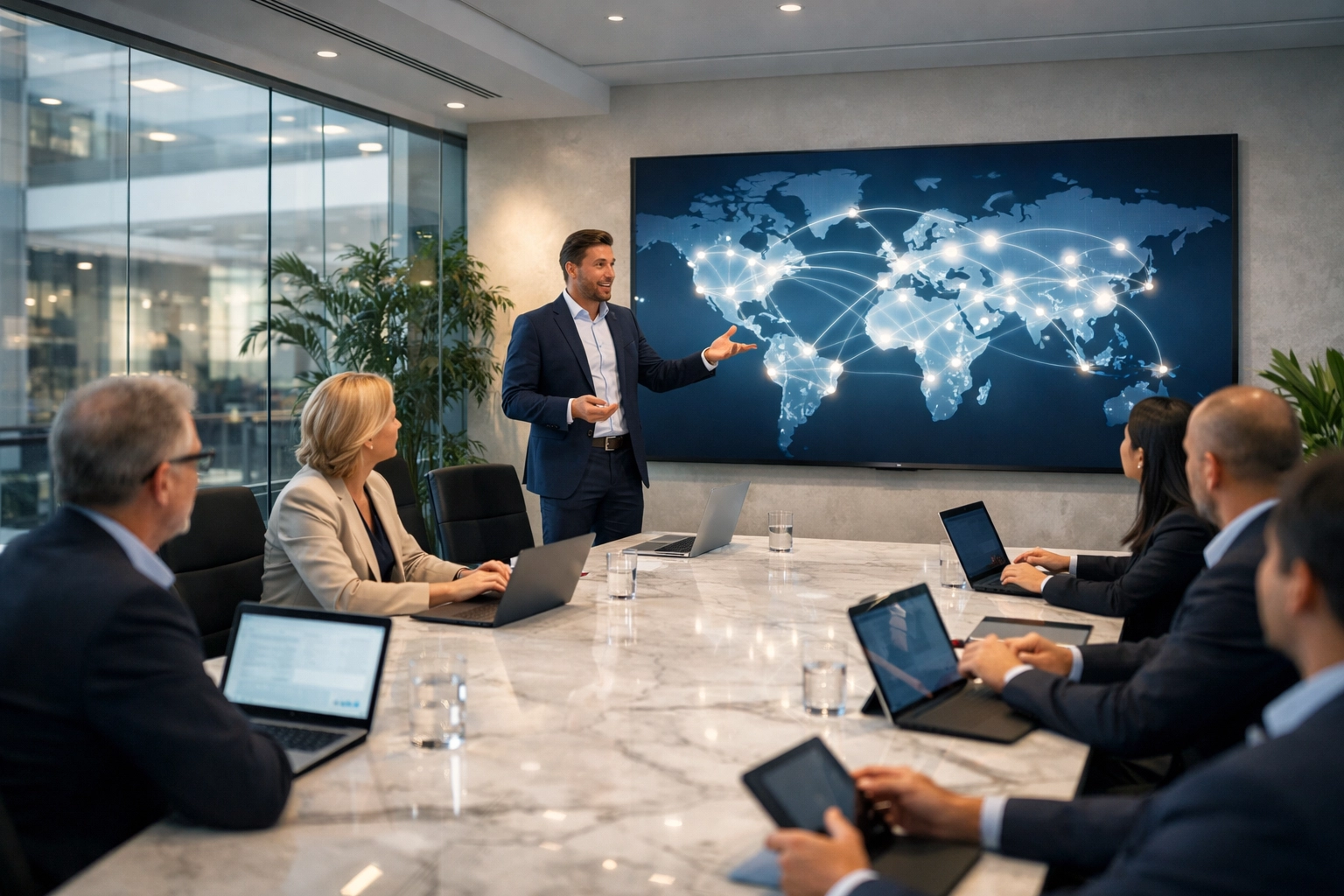 Business professionals in a strategic consulting session analyzing global media integration and future growth.