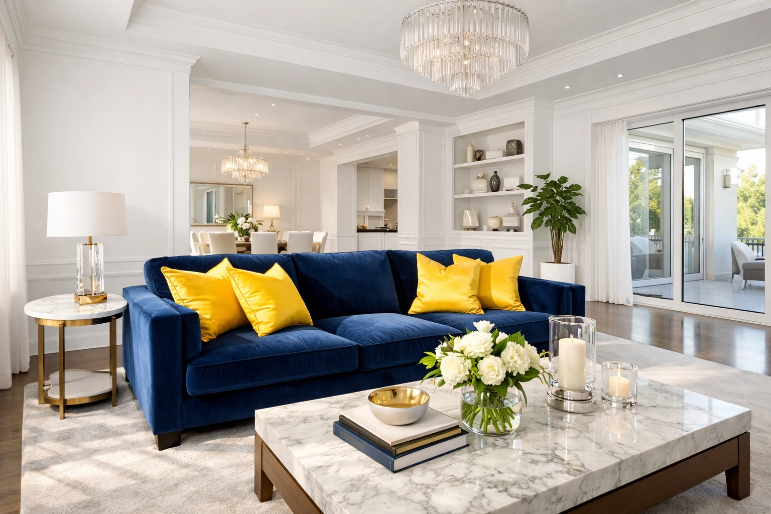 A spotless, professionally cleaned luxury living room with a navy sofa and bright yellow pillows.