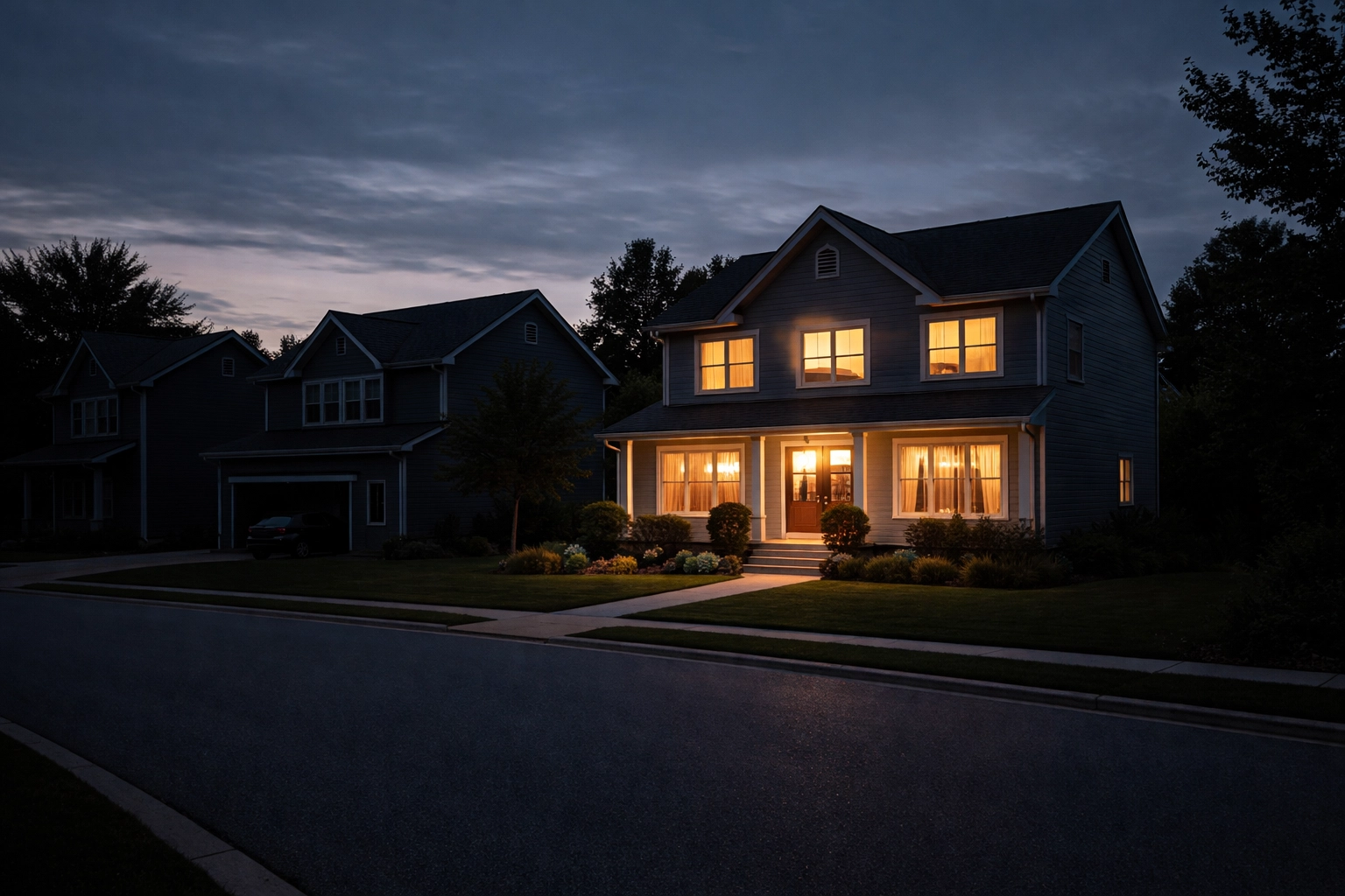 A brightly lit home stands out in a darkened neighborhood during a power outage, highlighting backup generator reliability.