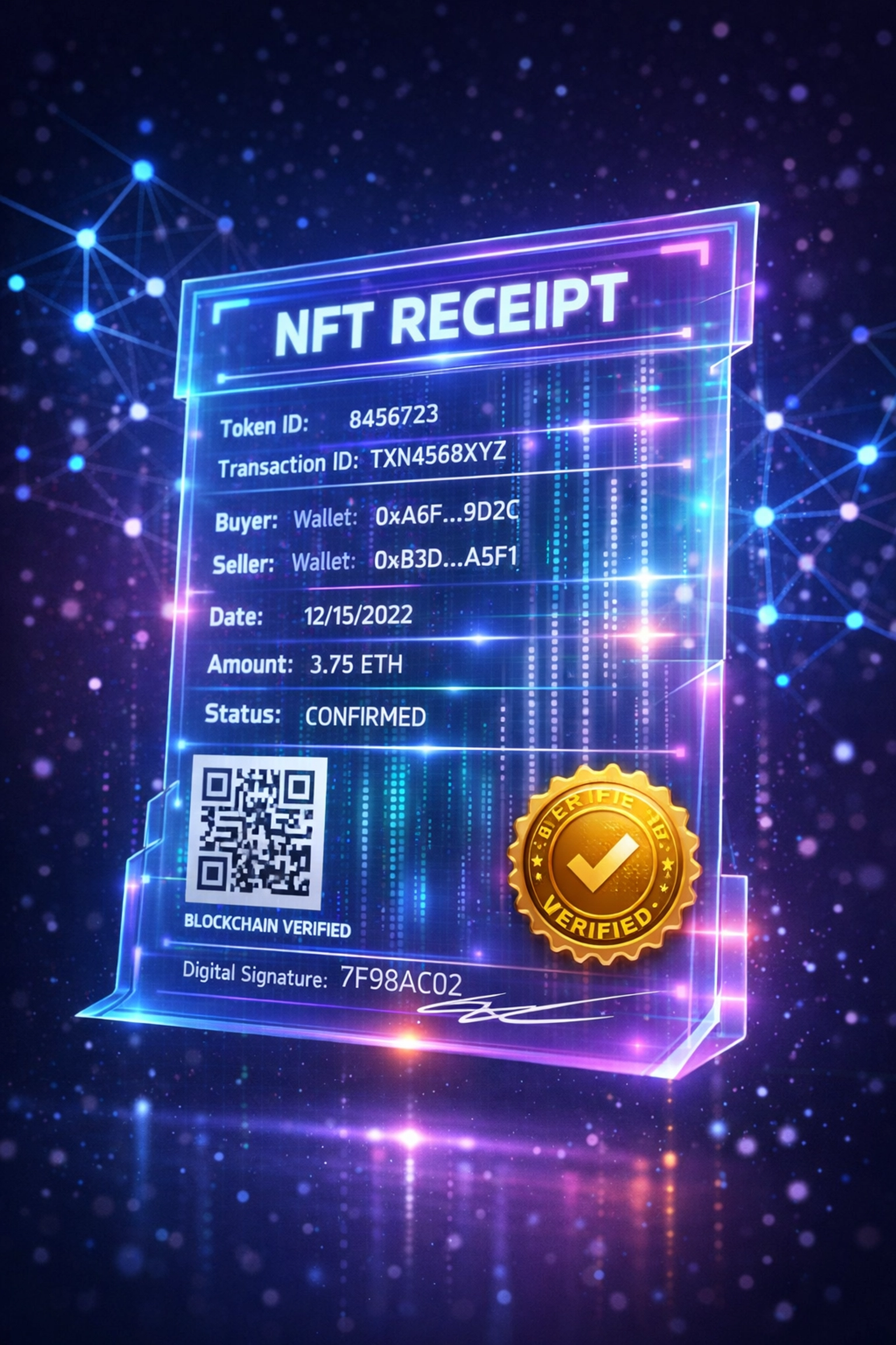 Blockchain NFT receipt showing verified transaction and charitable contribution documentation