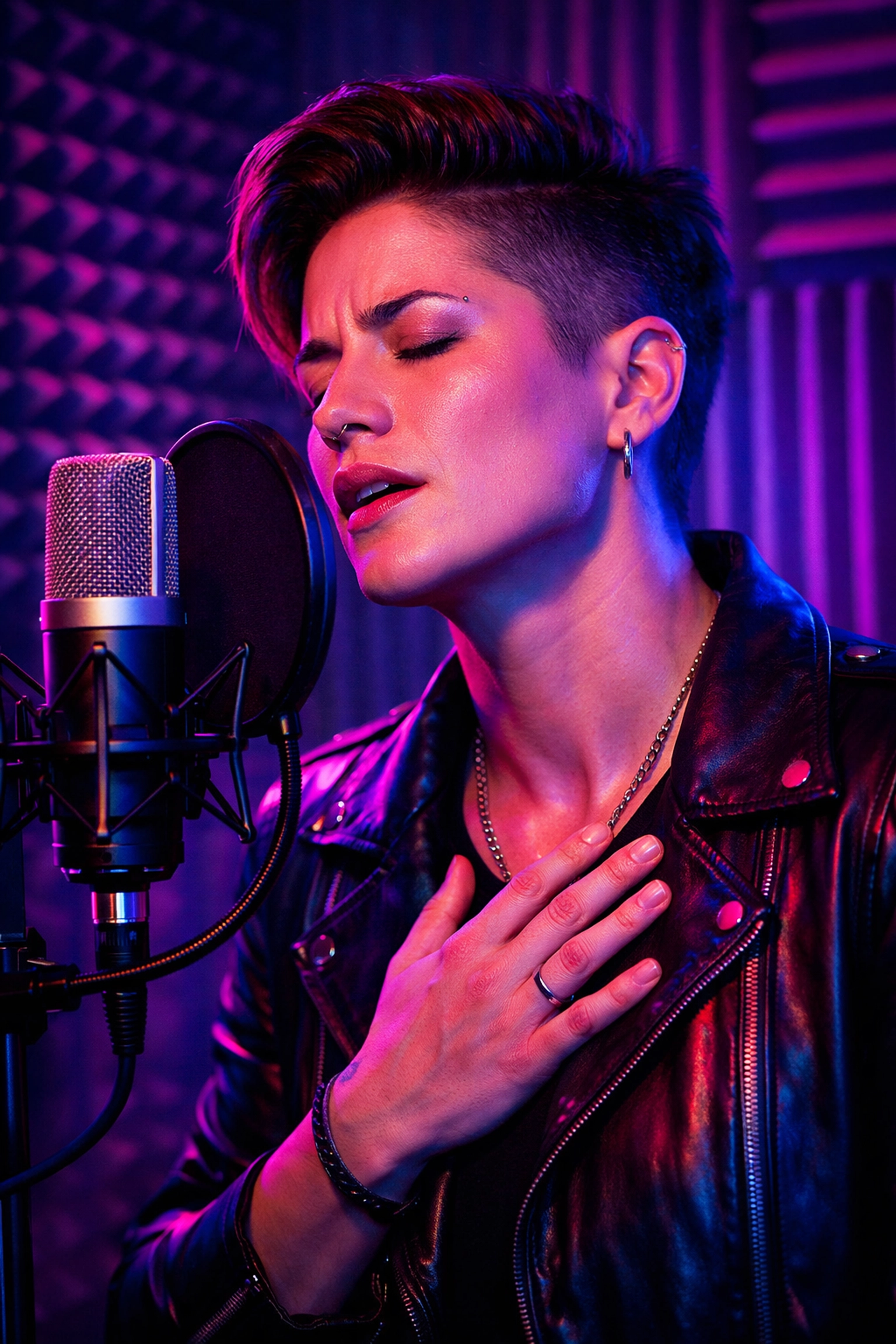 A lesbian musician recording vocals into a studio microphone under atmospheric purple and blue lighting.