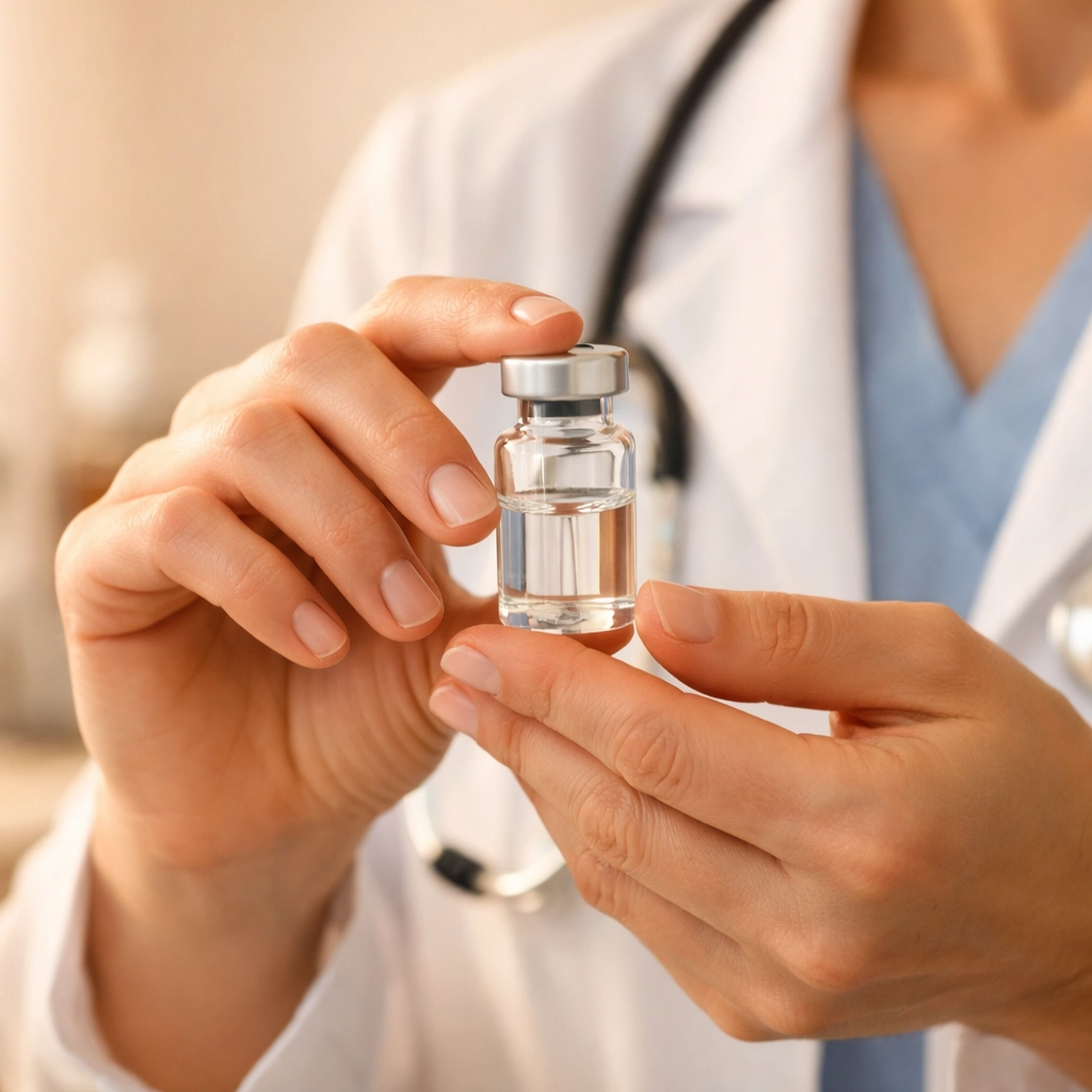 Medical professional preparing peptide therapy vial for cellular health and wellness treatment