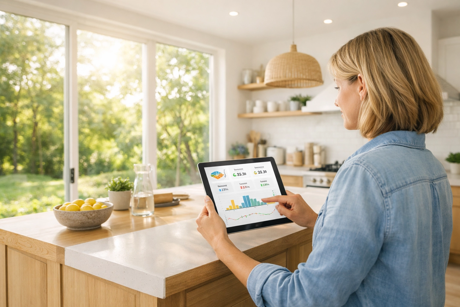 Bournemouth homeowner monitoring solar energy production and battery storage via a smart tablet app.