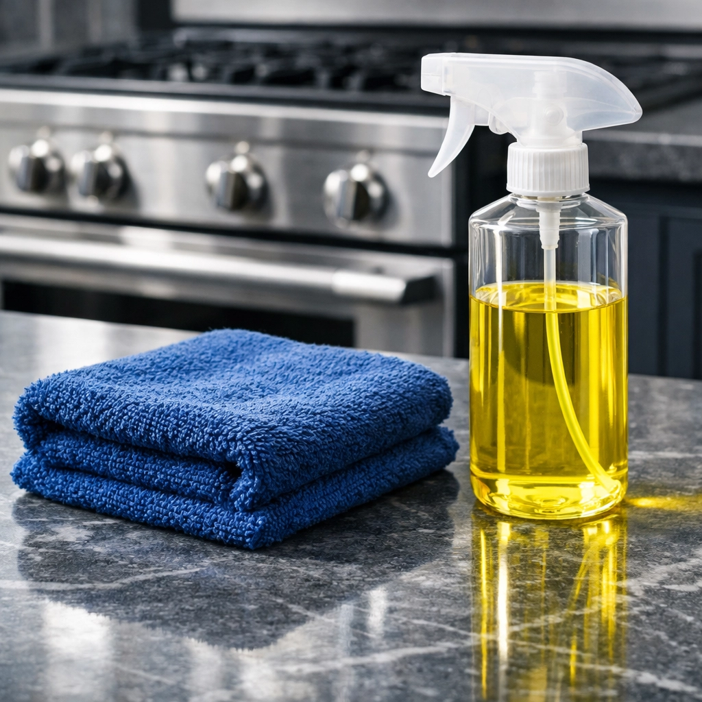 Professional-grade cleaning supplies on a marble surface in a high-end Sudbury home.