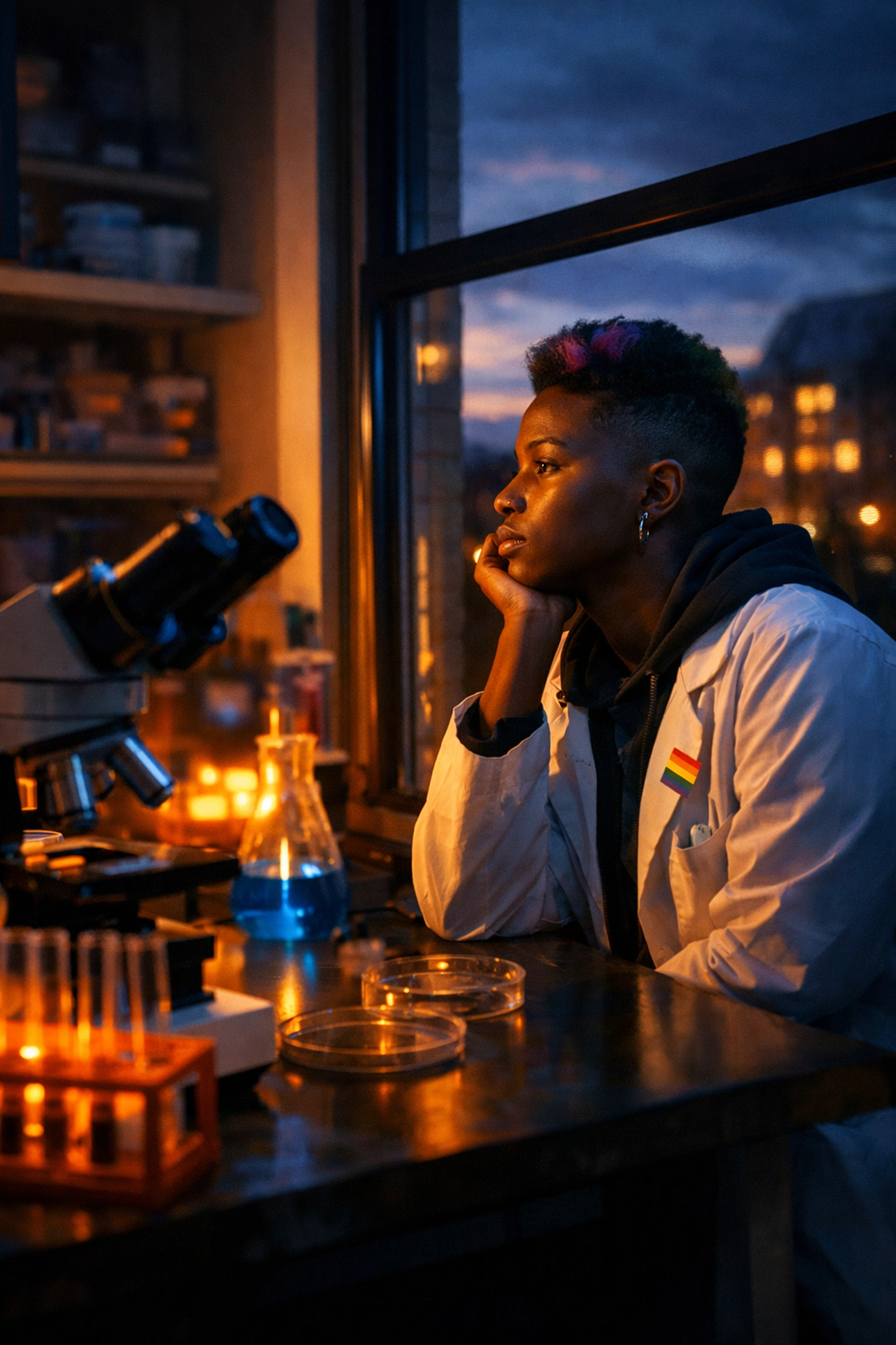 Black queer graduate student in biochemistry lab reflecting on academic life and isolation