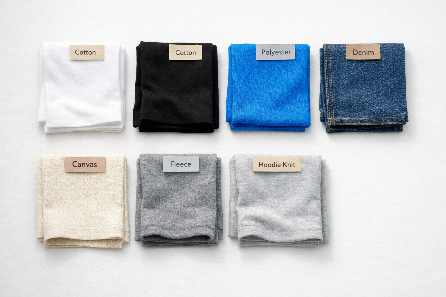 Variety of DTF-compatible fabric swatches including cotton, polyester, denim, canvas, and fleece
